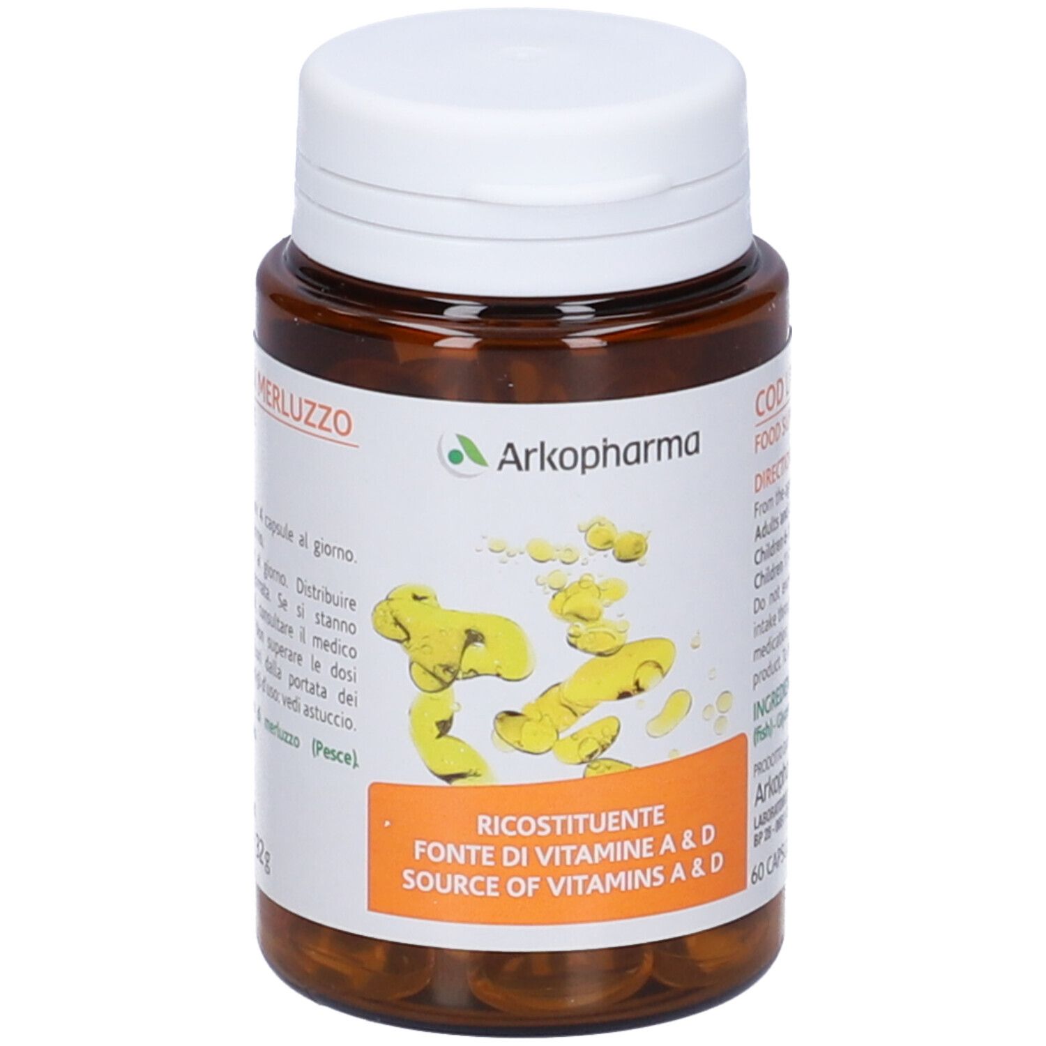 Flacone marrone con tappo bianco. Scritta: Ricostituente, Fonte di Vitamine A & D. Logo Arkopharma.