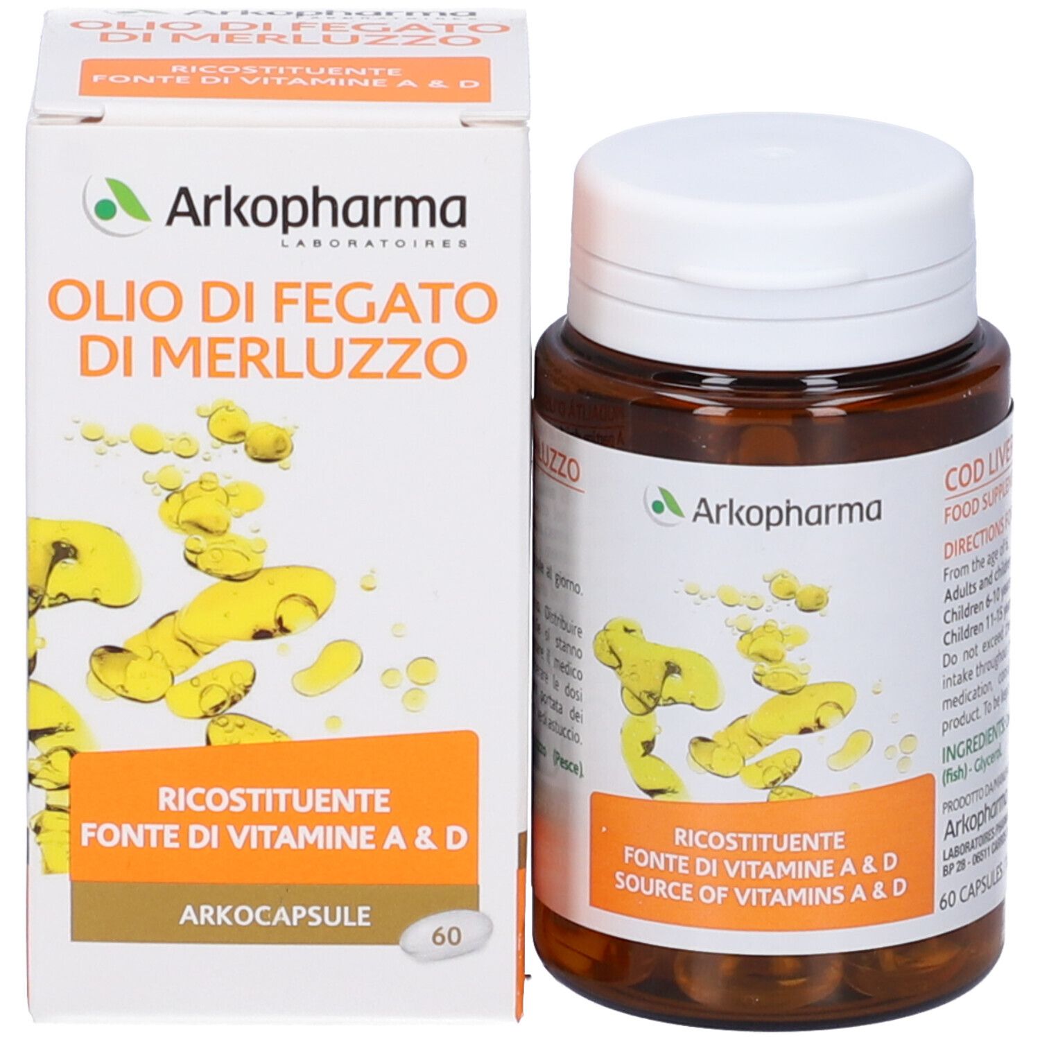 Confezione del prodotto con flacone e scatola. Scritta: Olio di Fegato di Merluzzo, Arkocapsule, 60 capsule.