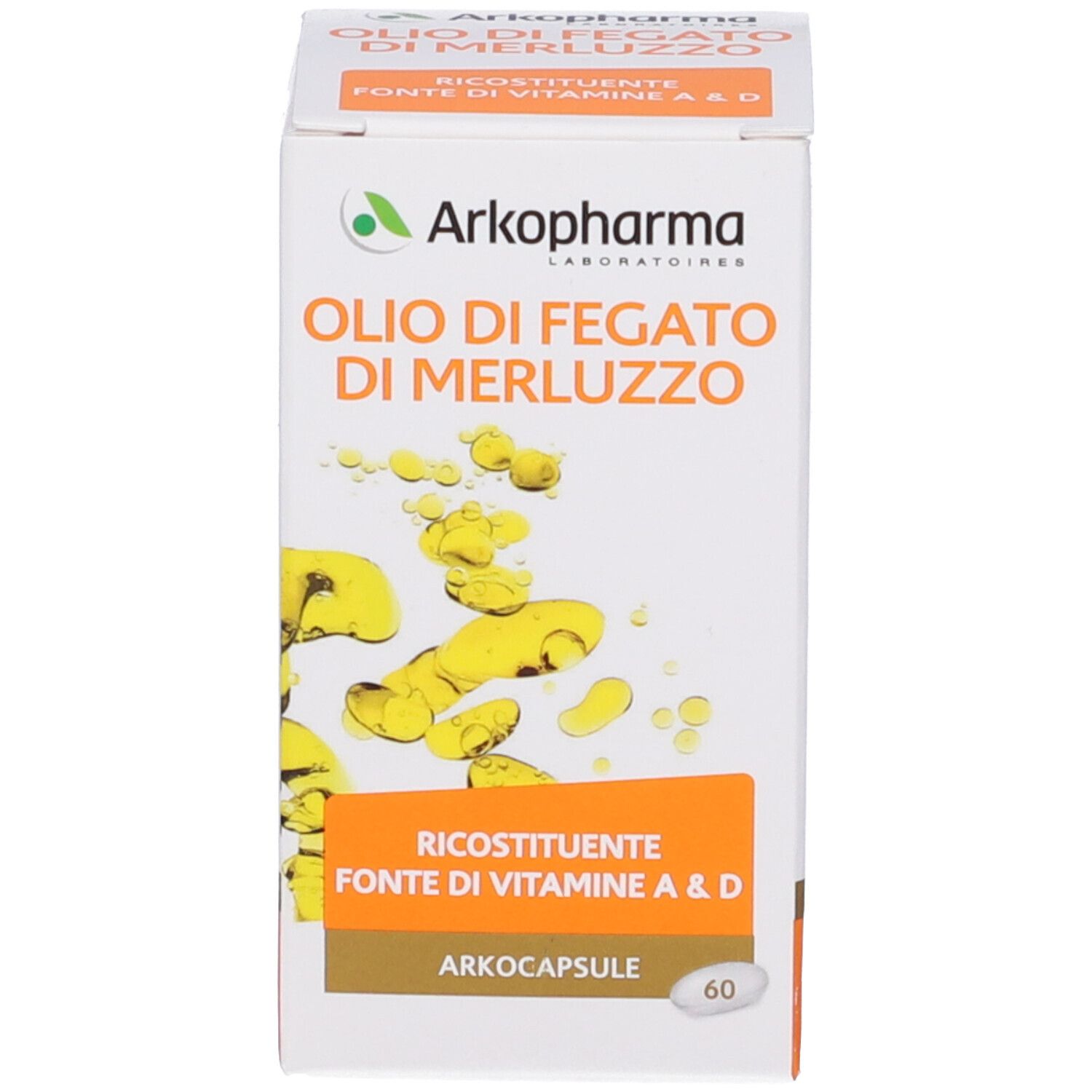 Confezione bianca del prodotto. Scritta: Olio di Fegato di Merluzzo, Arkocapsule, 60 capsule. Logo Arkopharma.