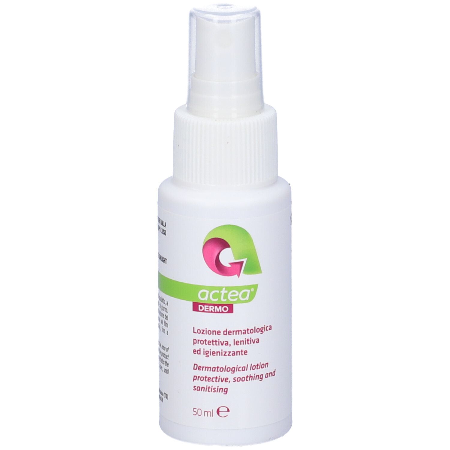 Flacone spray bianco con loghi verdi e rosa. Scritto: Actea Dermo. Lozione dermatologica. 50 ml.