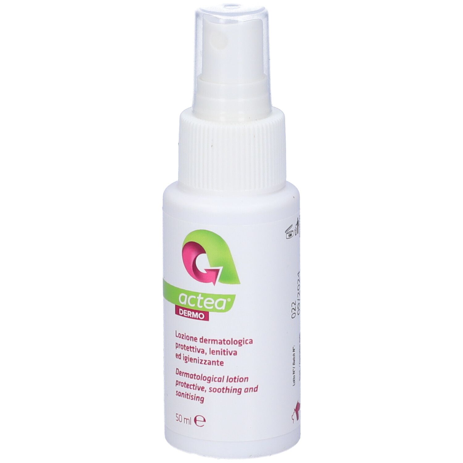 Flacone spray bianco. Scritto: Actea Dermo. Lozione dermatologica. 50 ml. Testo sul retro.