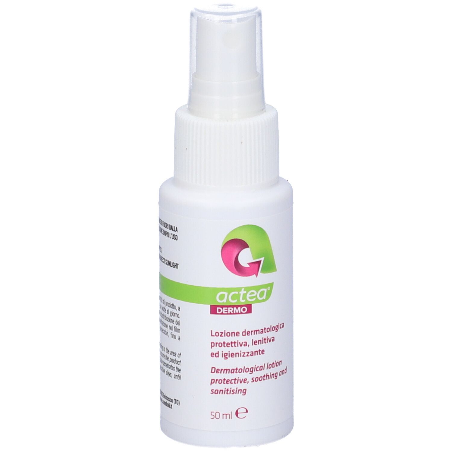 Flacone spray bianco. Scritto: Actea Dermo. Lozione dermatologica. 50 ml. Testo sul retro.