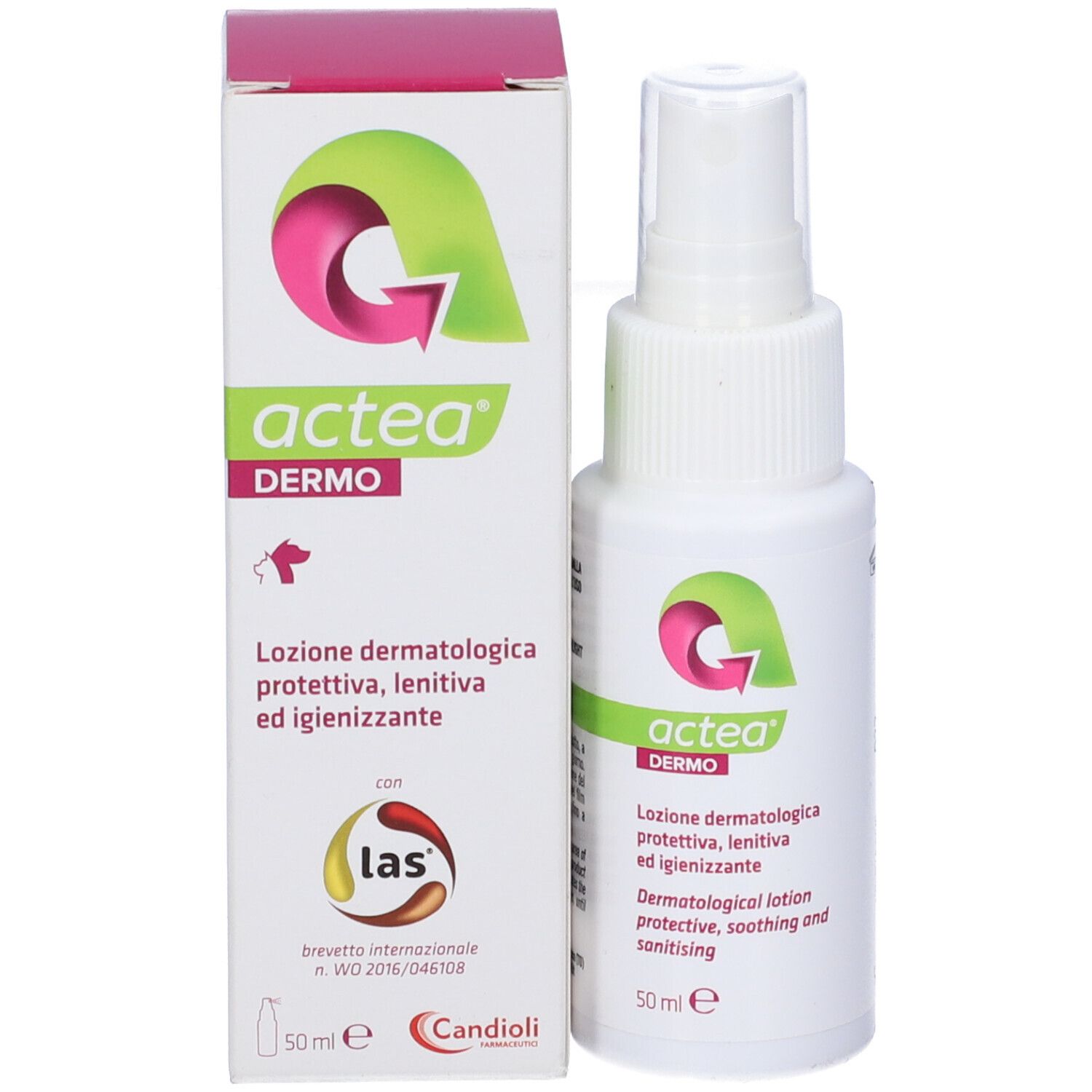 Flacone spray bianco. Scritto: Actea Dermo. Lozione dermatologica. 50 ml. Testo sul retro.