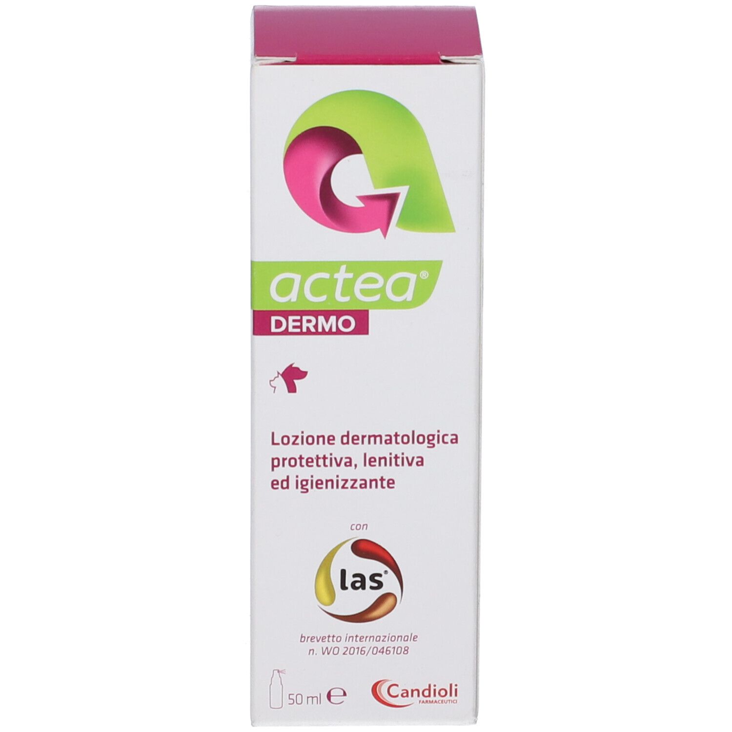 Flacone spray bianco e scatola con loghi verdi e rosa. Scritto: Actea Dermo. Lozione dermatologica.