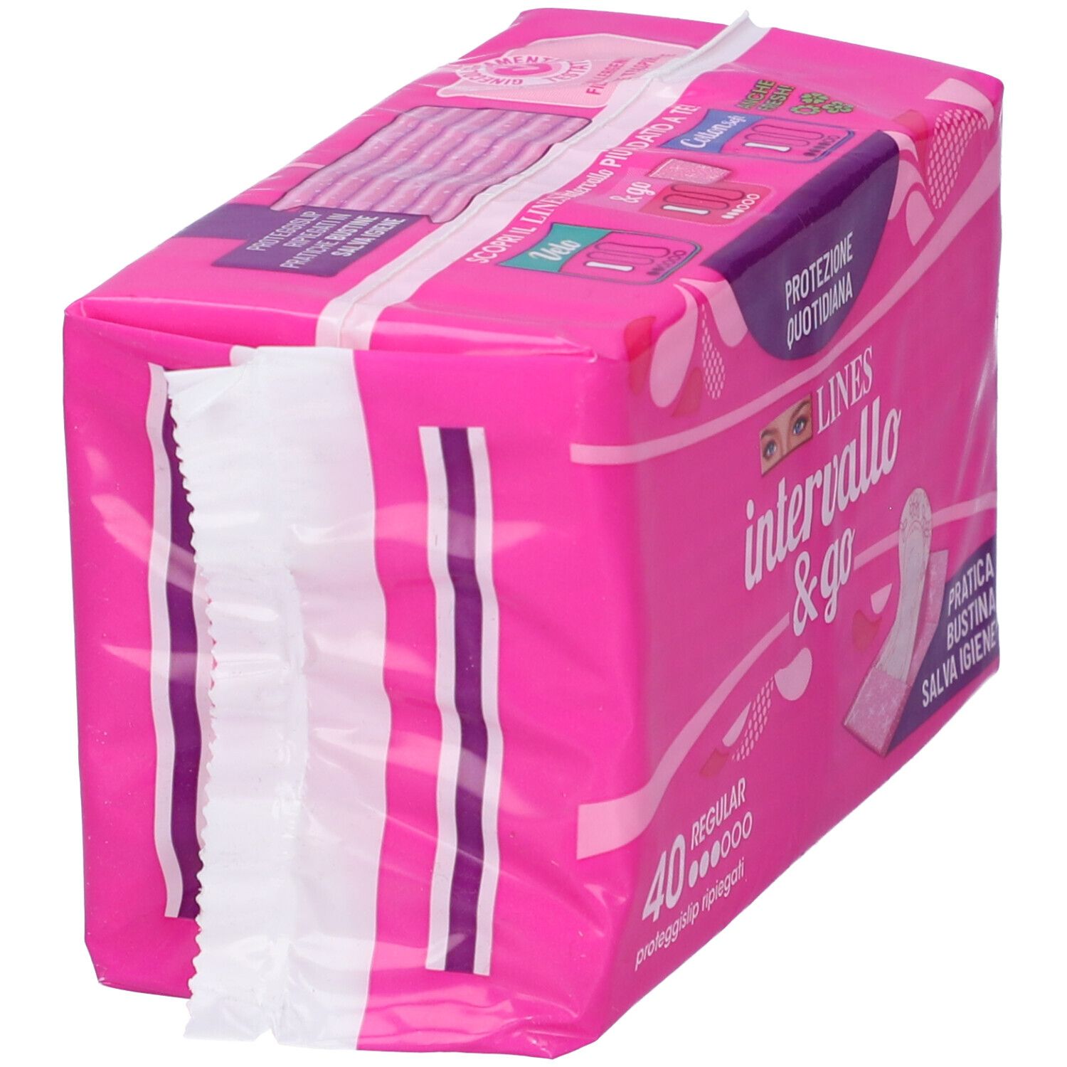 Rosa Verpackung 'LINES intervallo & go', 40 Slipeinlagen. Seitenansicht, zeigt die verpackten Produkte. Text und Logo sichtbar.
