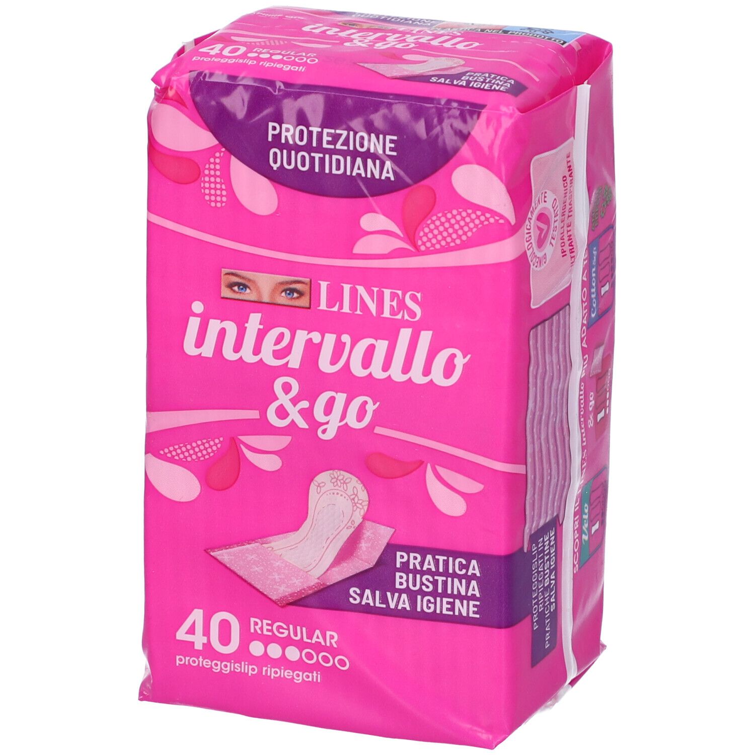 Rosa Verpackung 'LINES intervallo & go', 40 Slipeinlagen. 'Protezione Quotidiana' und 'Ginecologicamente Testato' sind sichtbar.