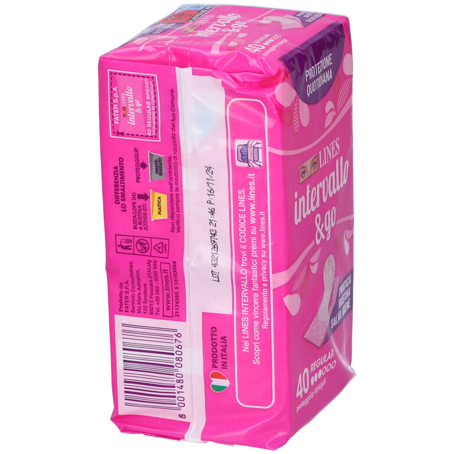 Rosa Verpackung 'LINES intervallo & go', 40 Slipeinlagen. Seitenansicht, zeigt die verpackten Produkte. Text und Logo sichtbar.