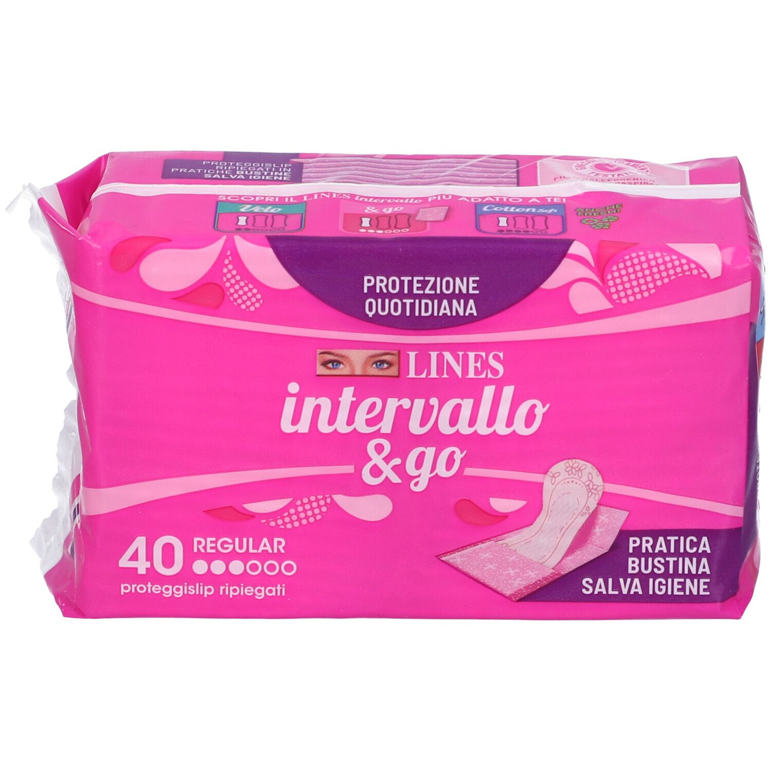 Rosa Verpackung 'LINES intervallo & go', 40 Slipeinlagen. 'Protezione Quotidiana' und 'Ginecologicamente Testato' sind sichtbar.