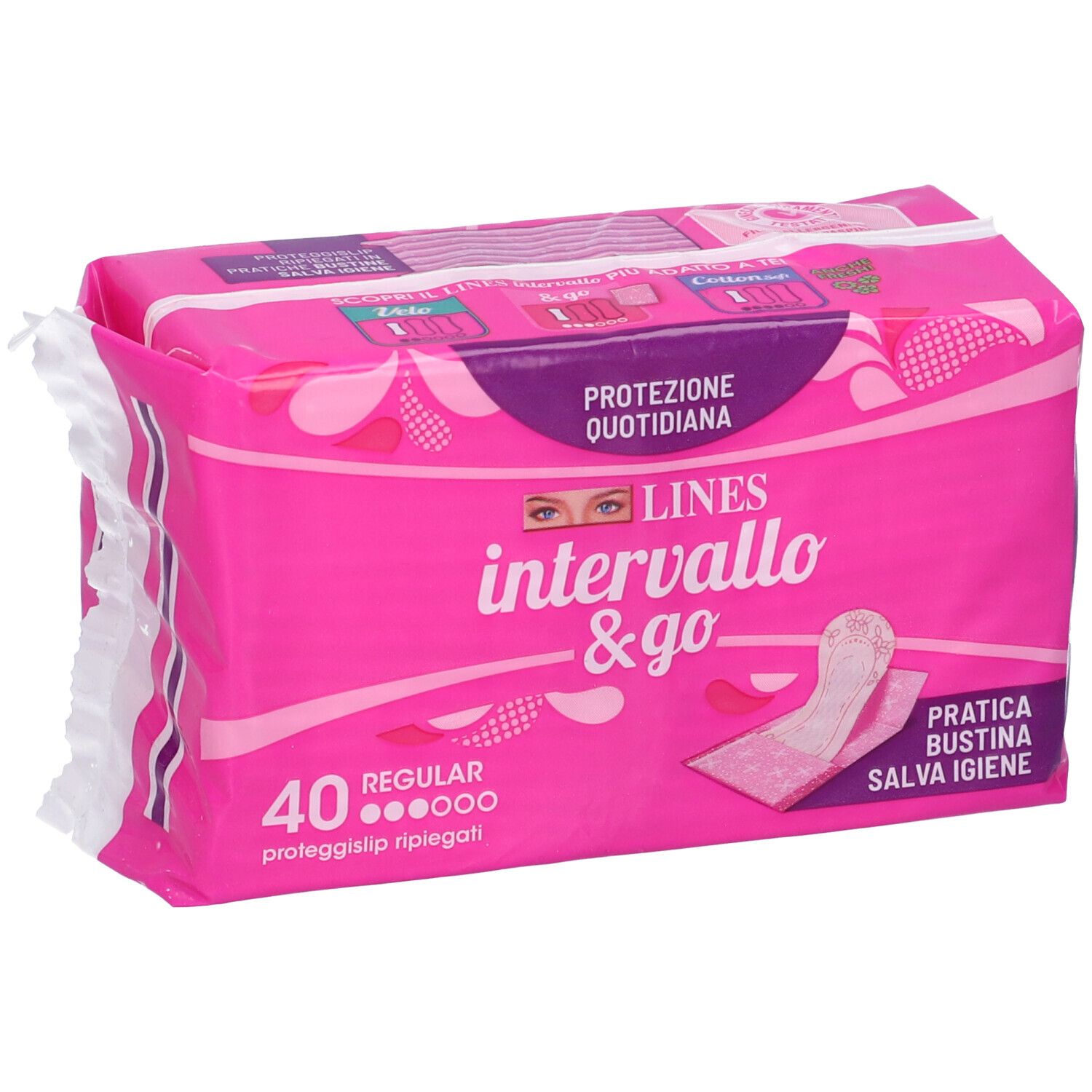 Rosa Verpackung 'LINES intervallo & go', 40 Slipeinlagen. 'Protezione Quotidiana' und 'Ginecologicamente Testato' sind sichtbar.