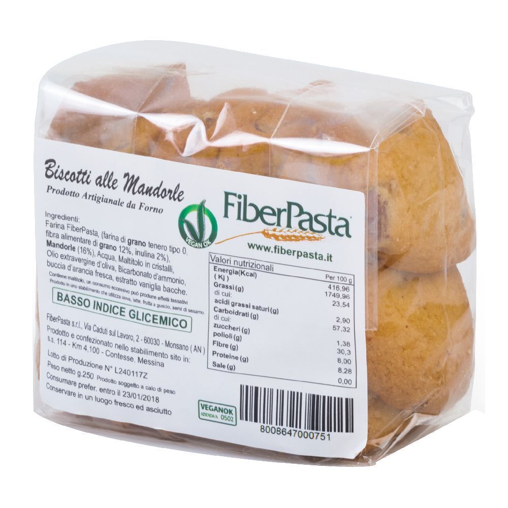 Confezione di biscotti alle mandorle. Scritta FiberPasta e informazioni nutrizionali. Sigillo Vegan.