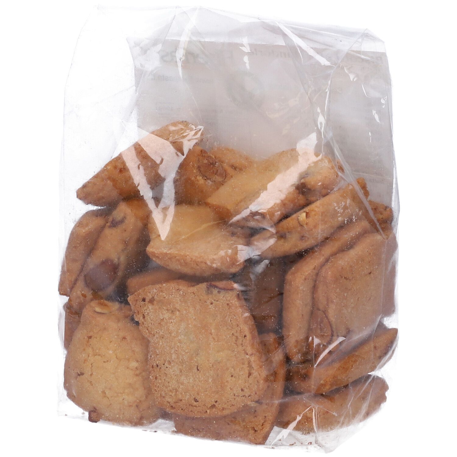 Busta trasparente con biscotti alle mandorle. I biscotti sono visibili. Nessun altro dettaglio visibile.