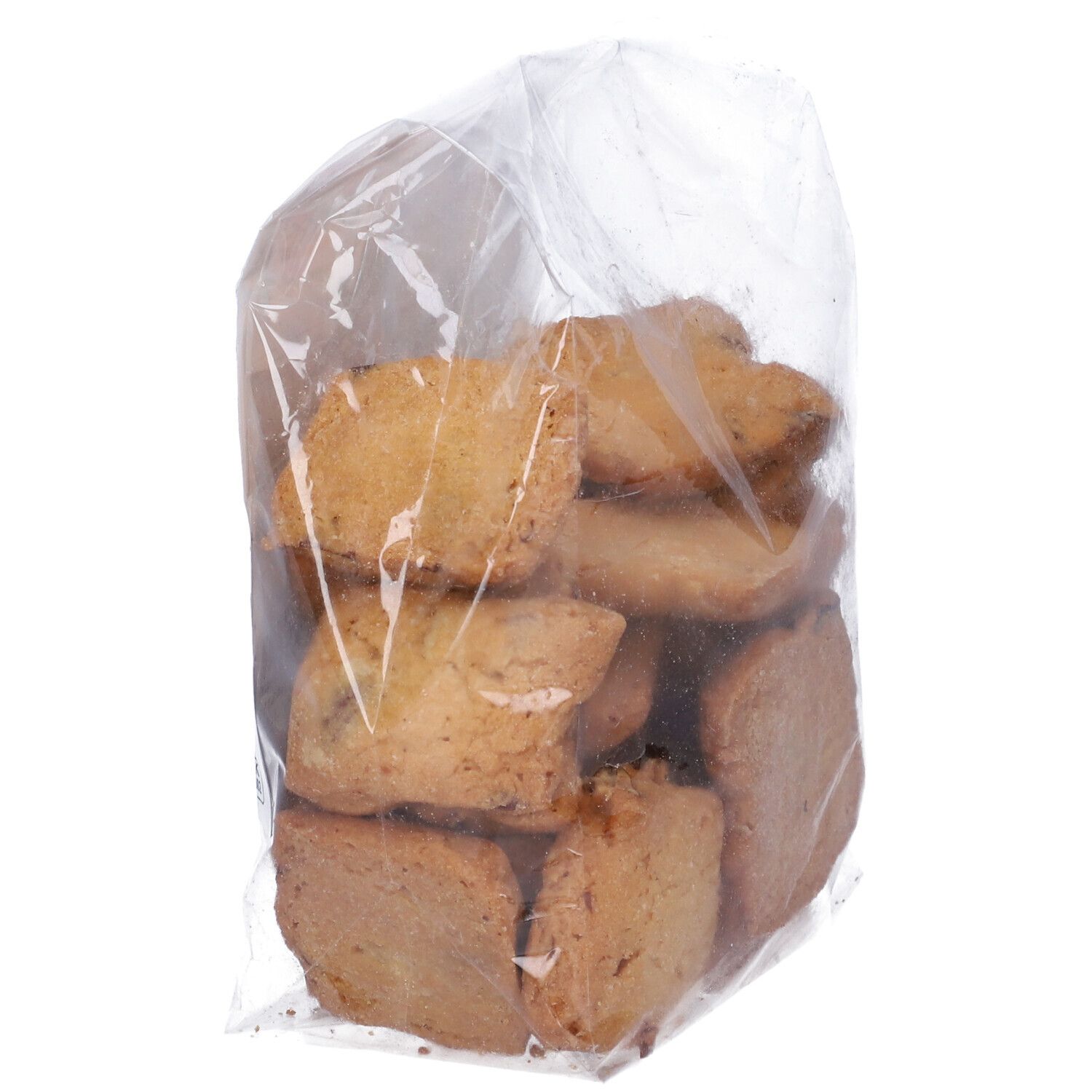 Busta trasparente con biscotti alle mandorle. I biscotti sono visibili. Nessun altro dettaglio visibile.