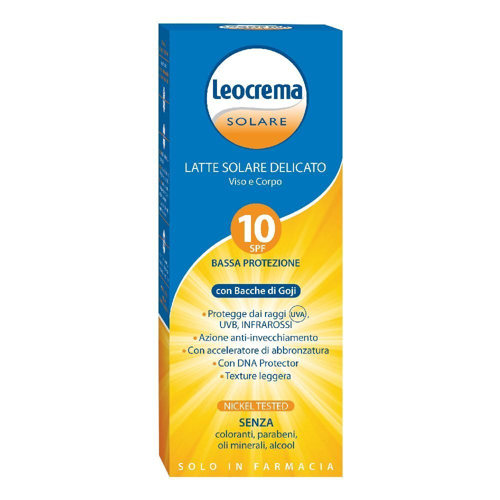 Confezione di protezione solare. Scatola blu e gialla con nome del prodotto e SPF 10. Contiene bacche di Goji.