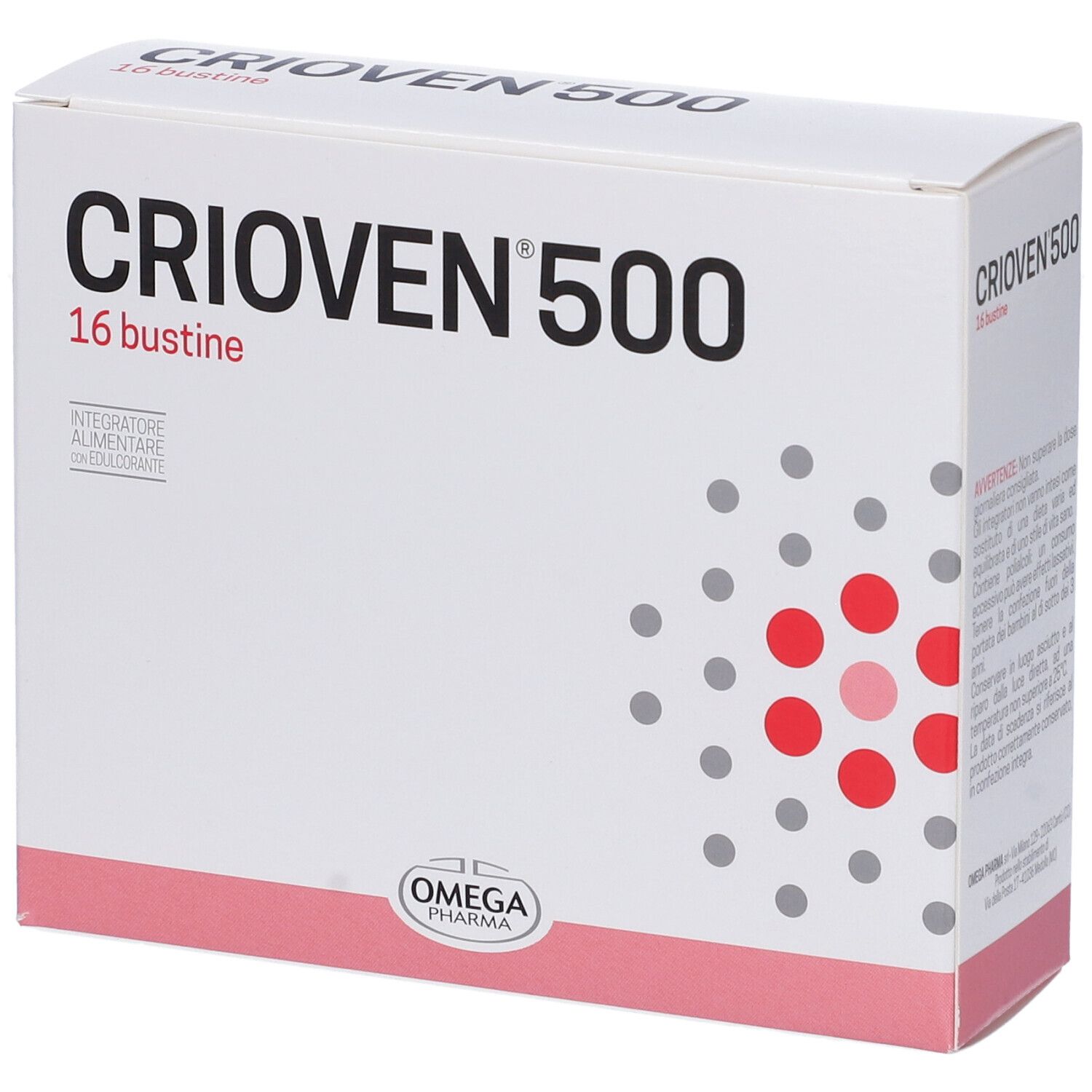Scatola "CRIOVN 500", 16 bustine. Punti rossi su sfondo bianco. Logo "OMEGA PHARMA".