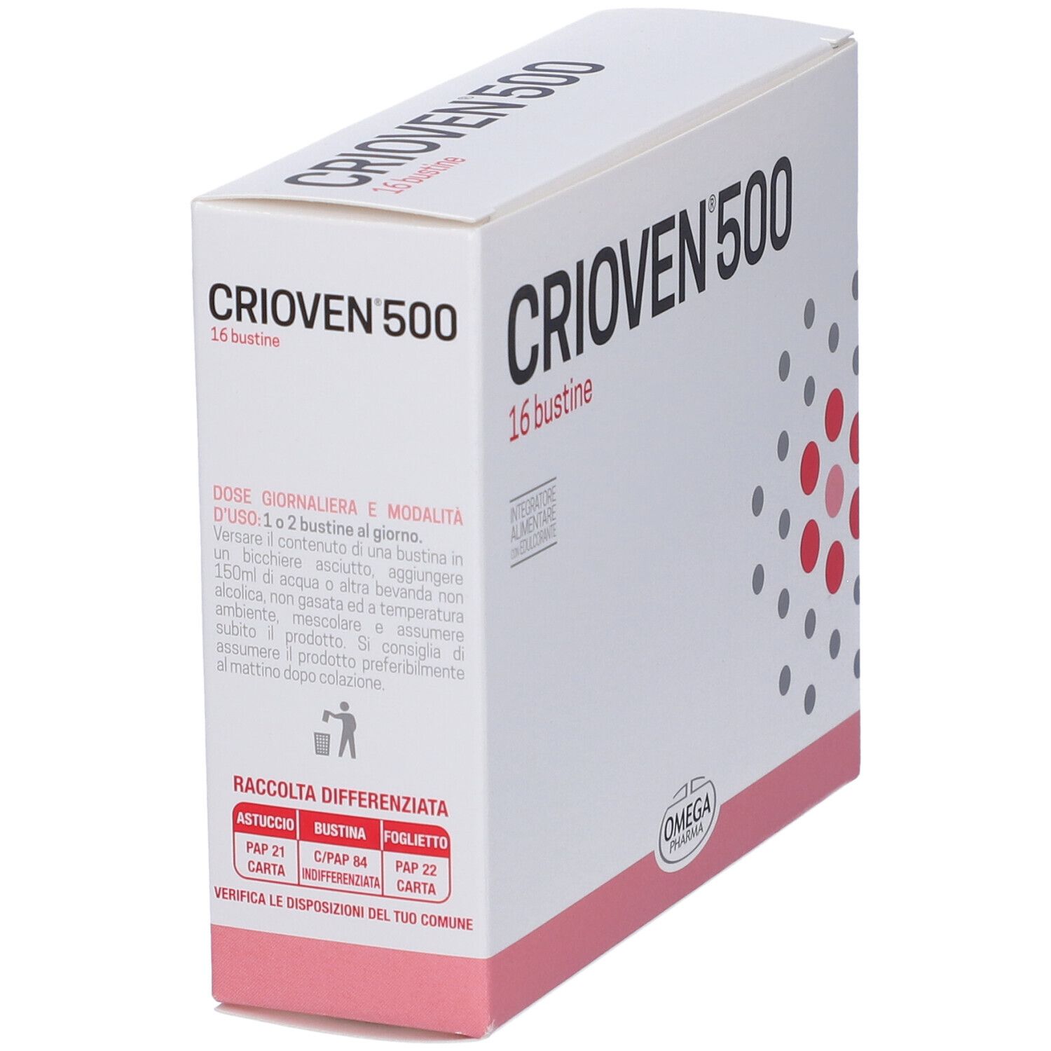 Scatola "CRIOVN 500", 16 bustine. Testo e punti rossi. Logo "OMEGA PHARMA".