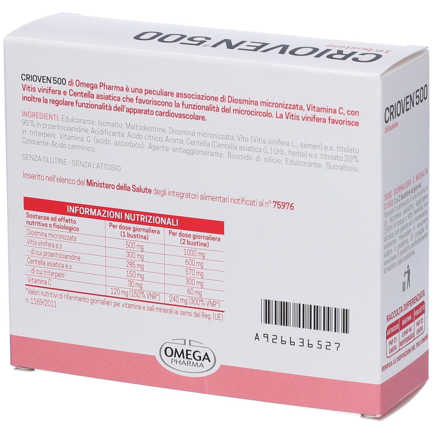 Retro scatola "CRIOVN 500". Testo con ingredienti e informazioni nutrizionali. Logo "OMEGA PHARMA".
