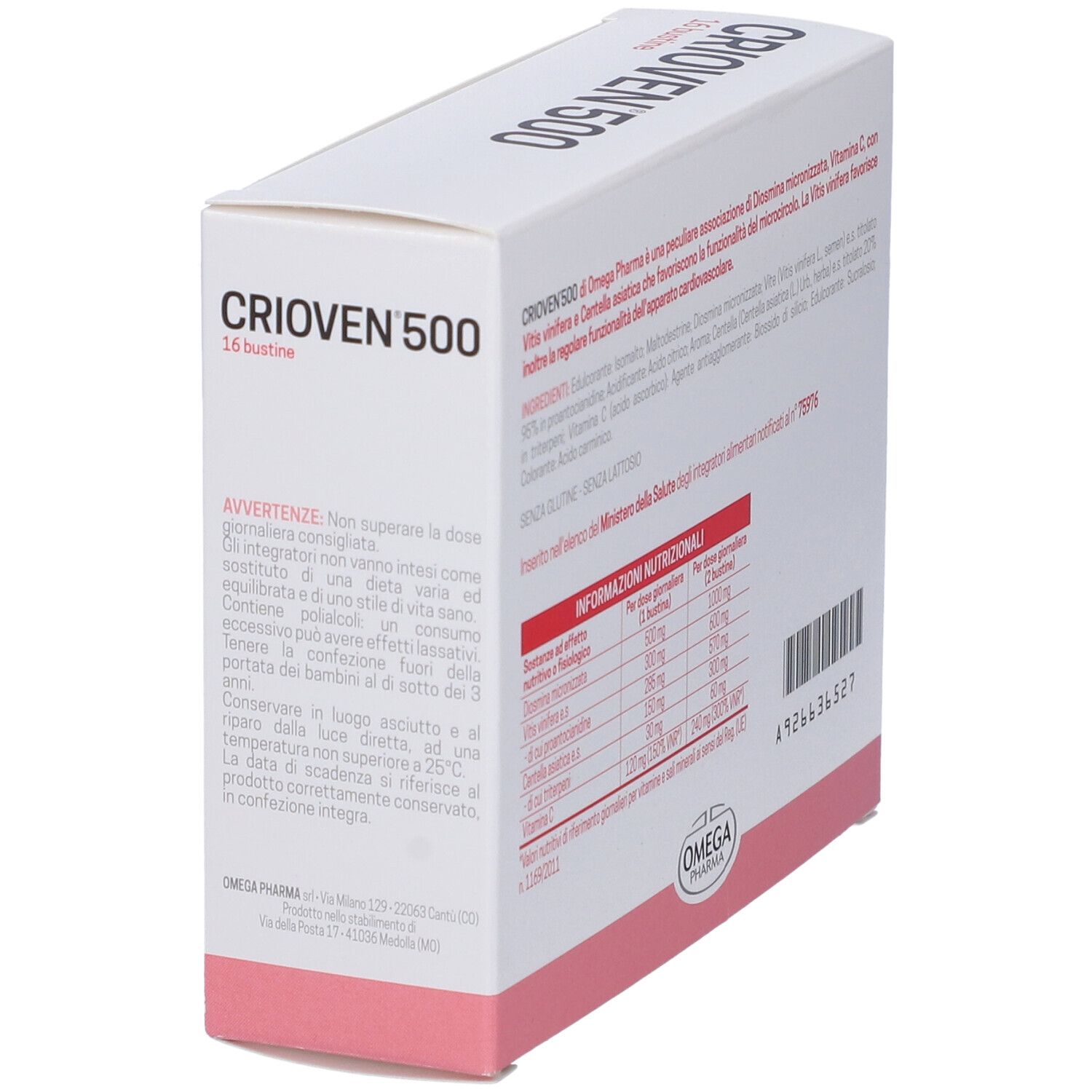 Scatola "CRIOVN 500". Testo con avvertenze e informazioni nutrizionali. Logo "OMEGA PHARMA".