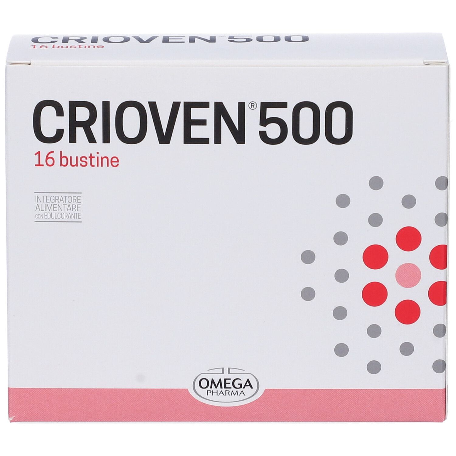 Scatola "CRIOVN 500", 16 bustine. Punti rossi su sfondo bianco. Logo "OMEGA PHARMA".
