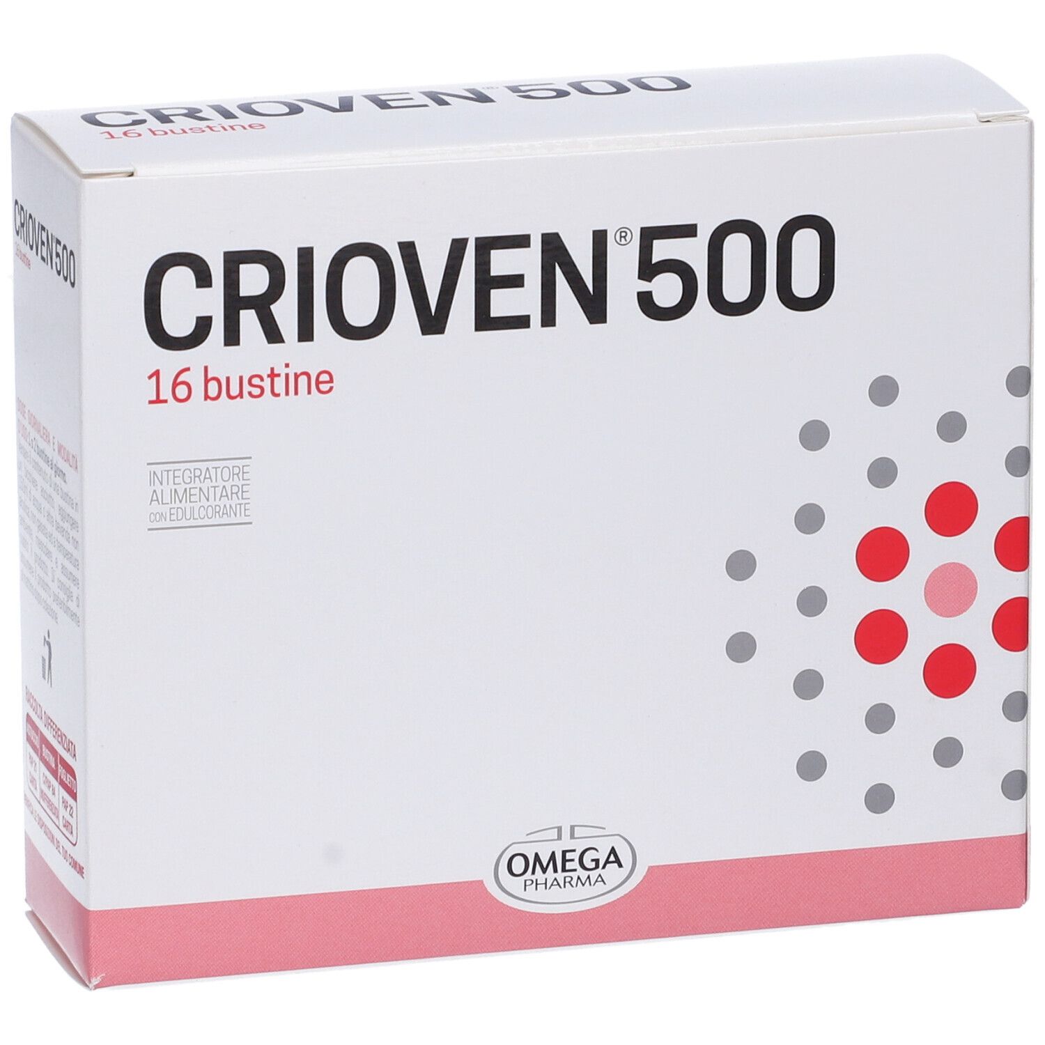 Scatola "CRIOVN 500", 16 bustine. Punti rossi su sfondo bianco. Logo "OMEGA PHARMA".