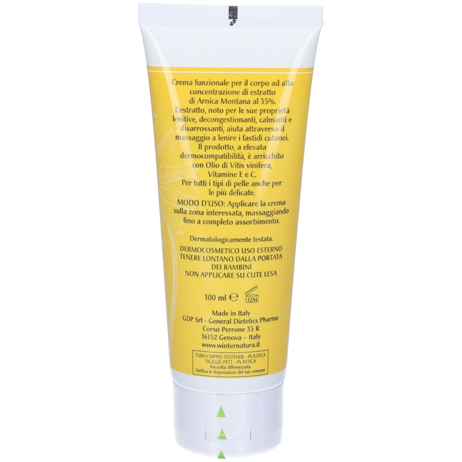 Rückseite der Tube Winter® Arnica 35. Text: Creme, Arnica Montana 35%, 100 ml, Inhaltsstoffe.