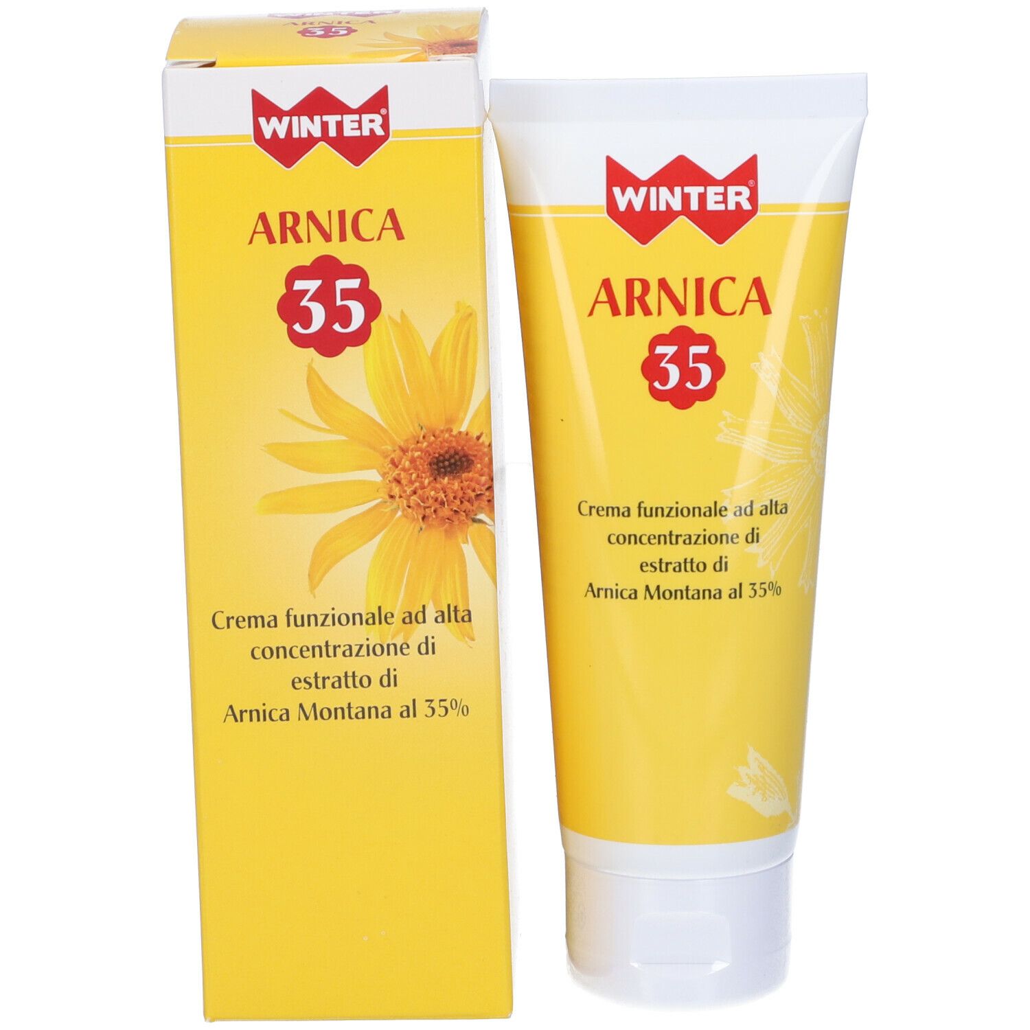 Winter® Arnica 35, Tube und Schachtel. Aufschrift: Arnica 35, Creme, Arnica Montana 35%.
