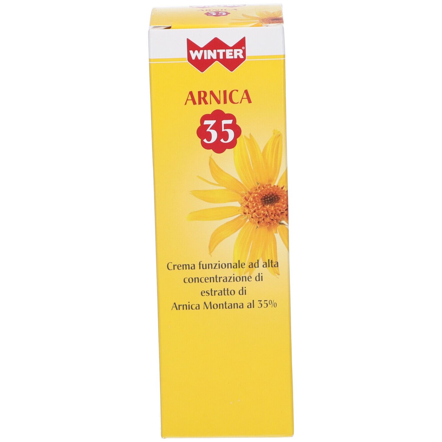 Gelbe Schachtel Winter® Arnica 35. Aufschrift: Arnica 35, Creme, Arnica Montana 35%.