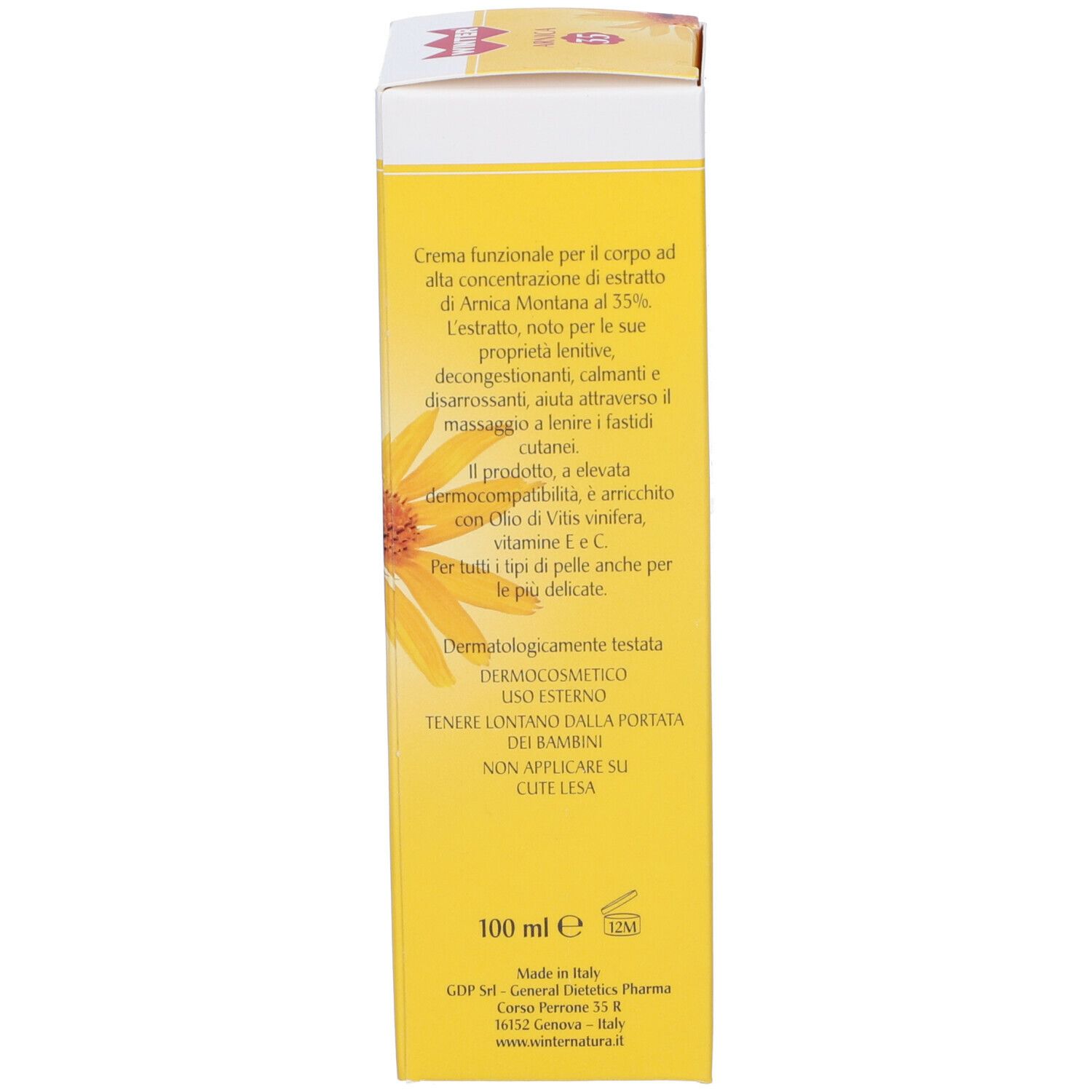 Rückseite der Schachtel Winter® Arnica 35. Text: Creme, Arnica Montana 35%, 100 ml, Inhaltsstoffe.