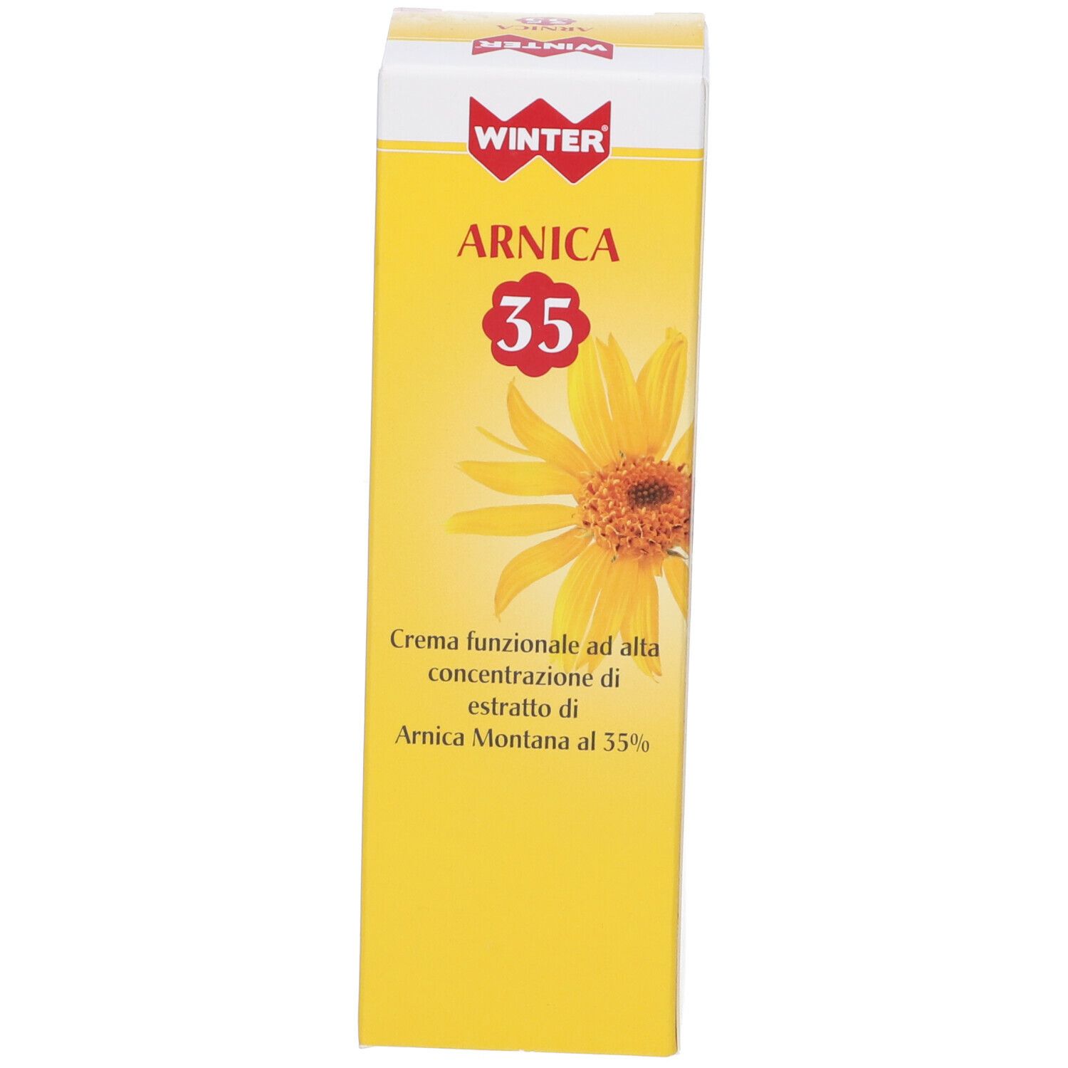 Gelbe Schachtel Winter® Arnica 35. Aufschrift: Arnica 35, Creme, Arnica Montana 35%.