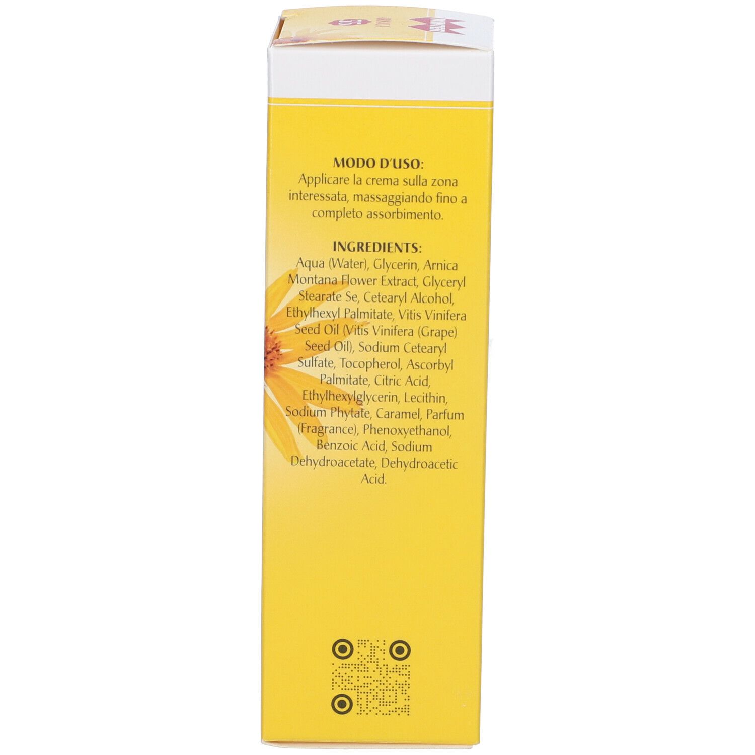 Rückseite der Schachtel Winter® Arnica 35. Text: Anwendung, Inhaltsstoffe, QR-Code.