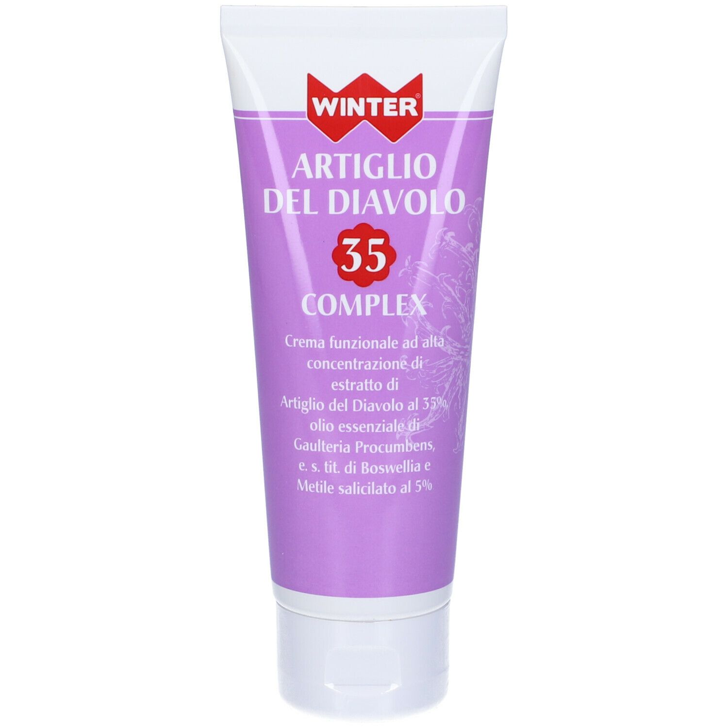 Tubo di crema con nome e logo del prodotto. Tubo viola con tappo bianco. Testo: Artiglio del Diavolo 35 Complex.