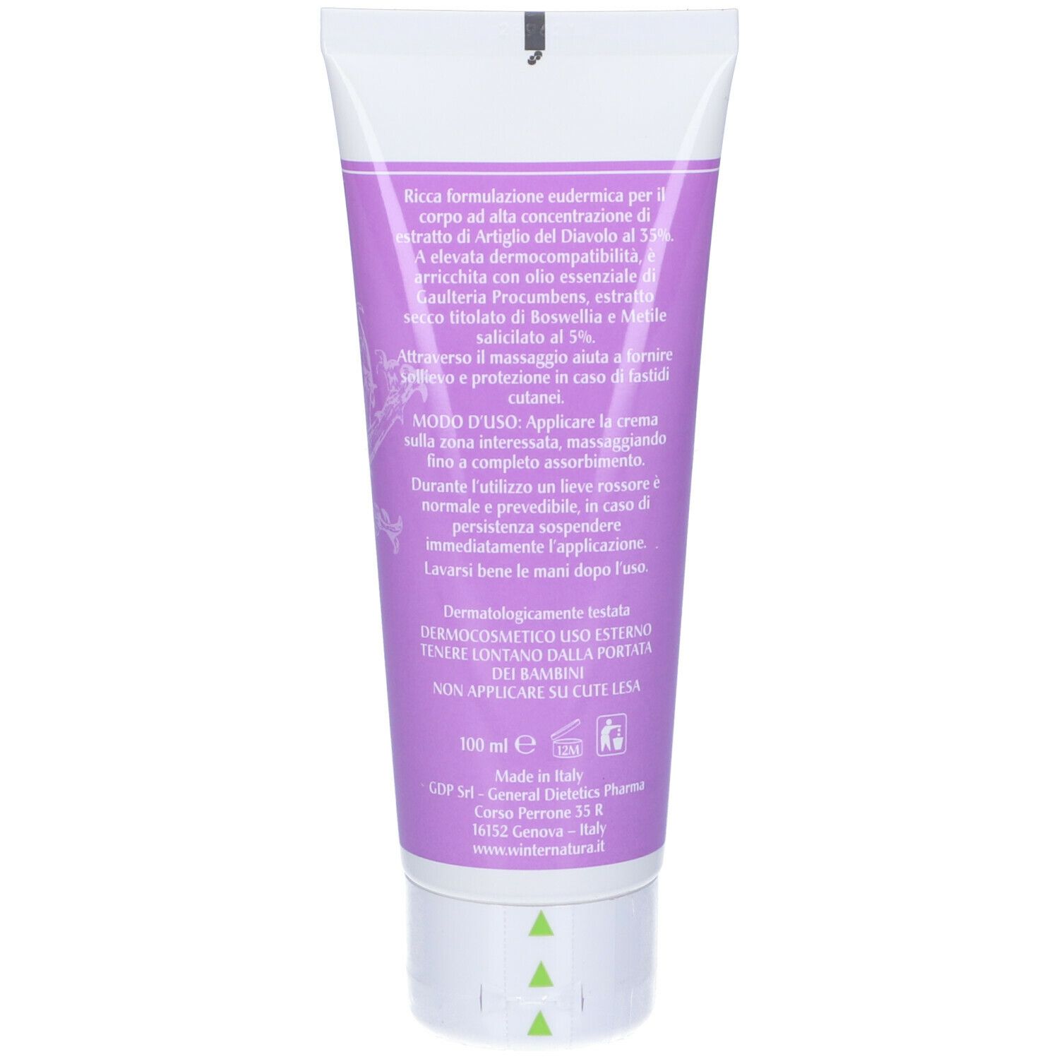 Retro del tubo di crema. Informazioni testuali e ingredienti. Dermatologicamente testato. 100 ml. Prodotto in Italia.