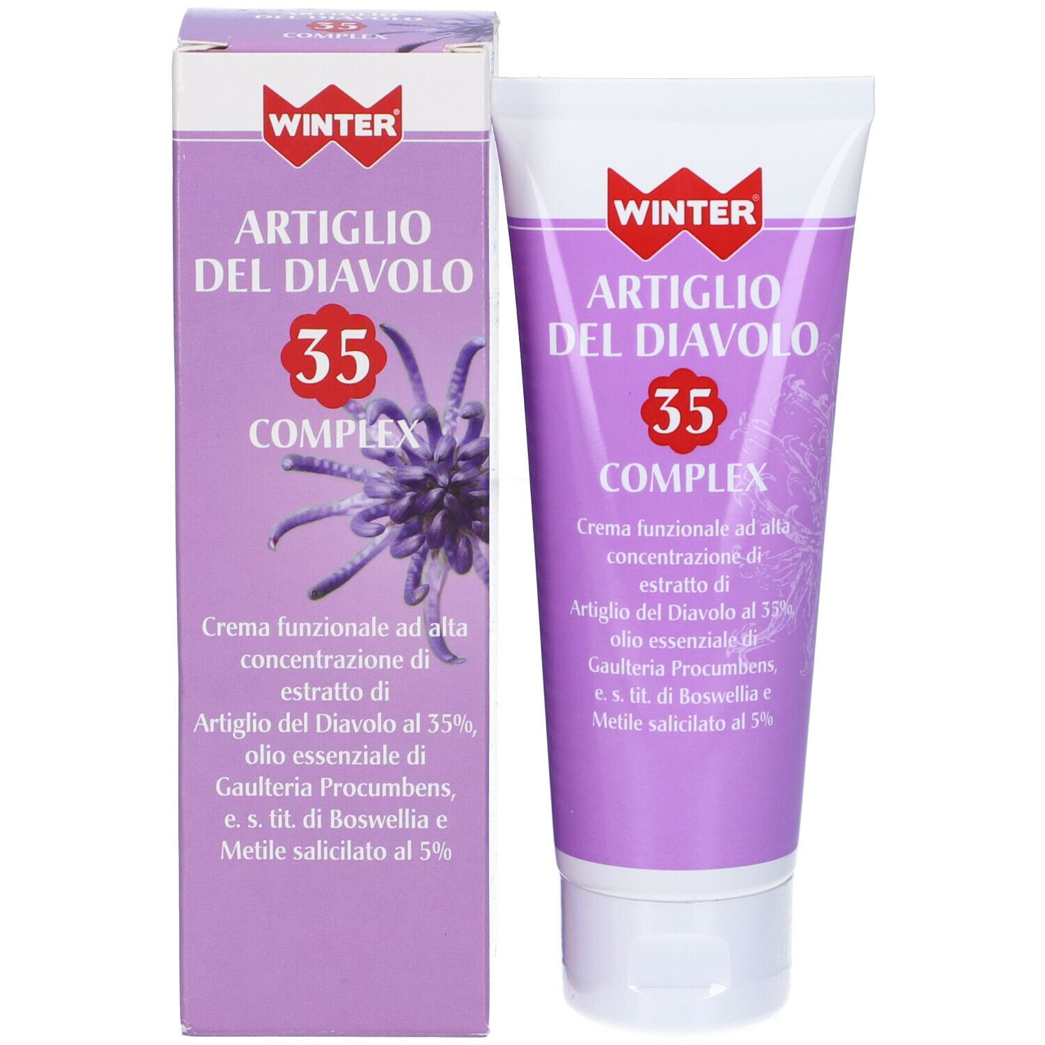 Confezione del prodotto con tubo. Scatola e tubo viola. Testo: Artiglio del Diavolo 35 Complex. Logo Winter.