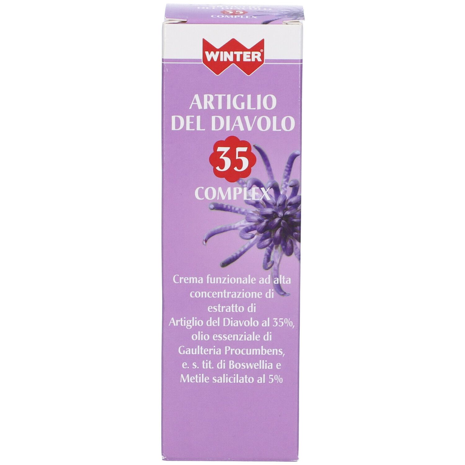 Confezione del prodotto. Scatola viola con testo: Artiglio del Diavolo 35 Complex. Logo Winter.