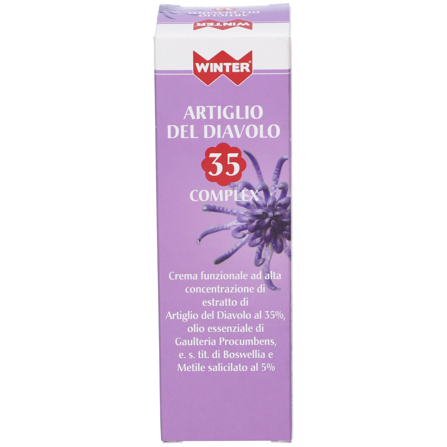 Confezione del prodotto. Scatola viola con testo: Artiglio del Diavolo 35 Complex. Logo Winter.
