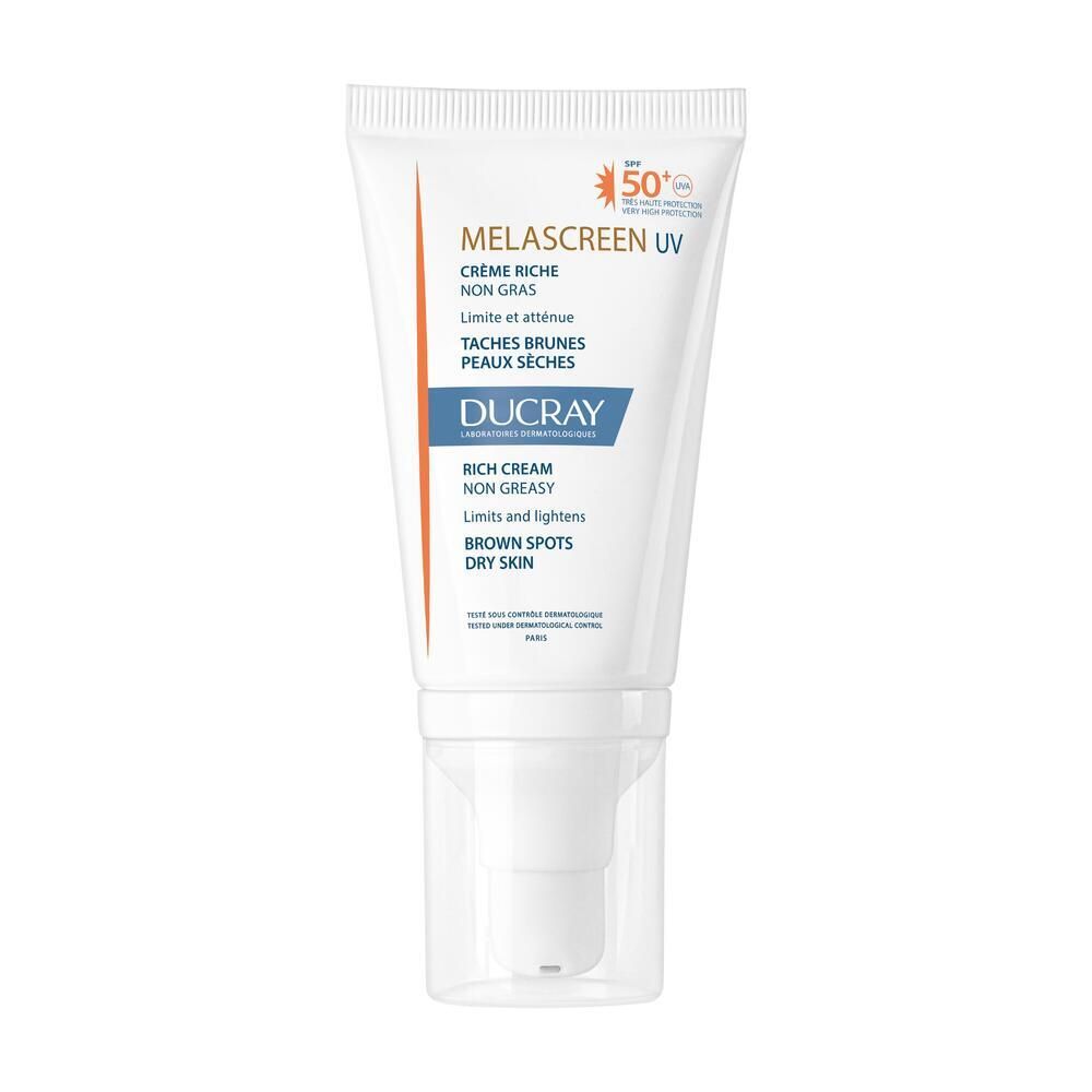 Tube blanc Ducray Melascreen UV Rich Cream SPF 50+. Impression orange, nom du produit et texte. Fermeture transparente.