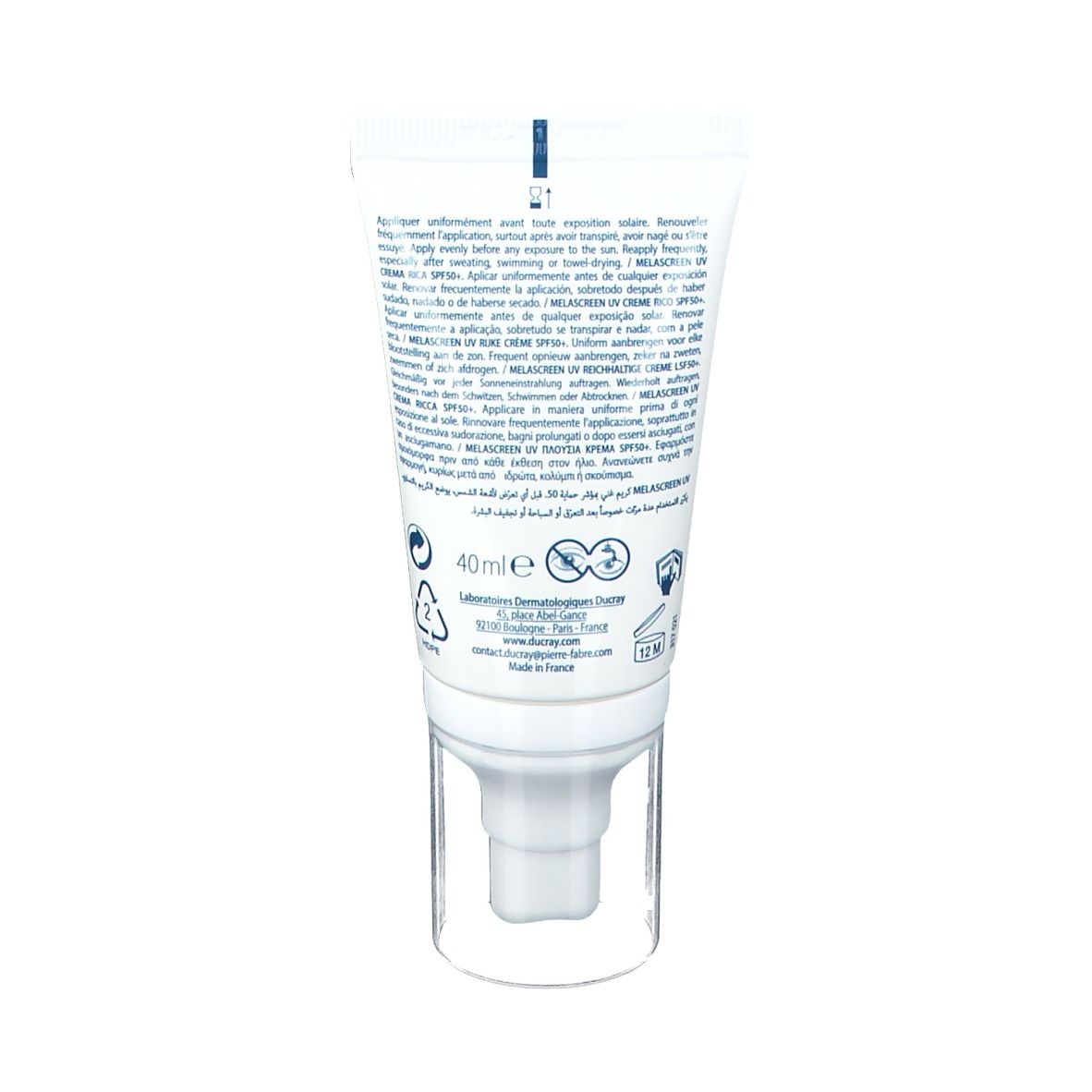 Boîte Ducray Melascreen UV Rich Cream SPF 50+. Nom du produit et texte. 40 ml. Couvercle orange.