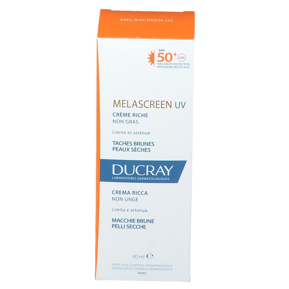 Tube blanc Ducray Melascreen UV Rich Cream SPF 50+. Nom du produit et texte. Fermeture transparente.