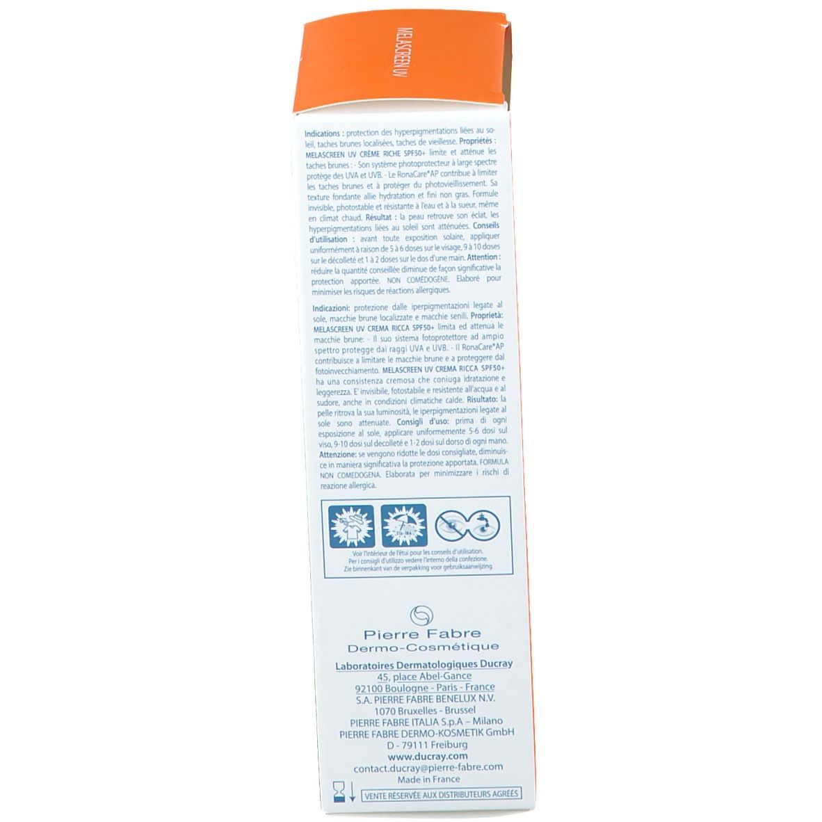 Dos du tube blanc. Texte multilingue. 40 ml. Symboles de recyclage. Informations fabricant.