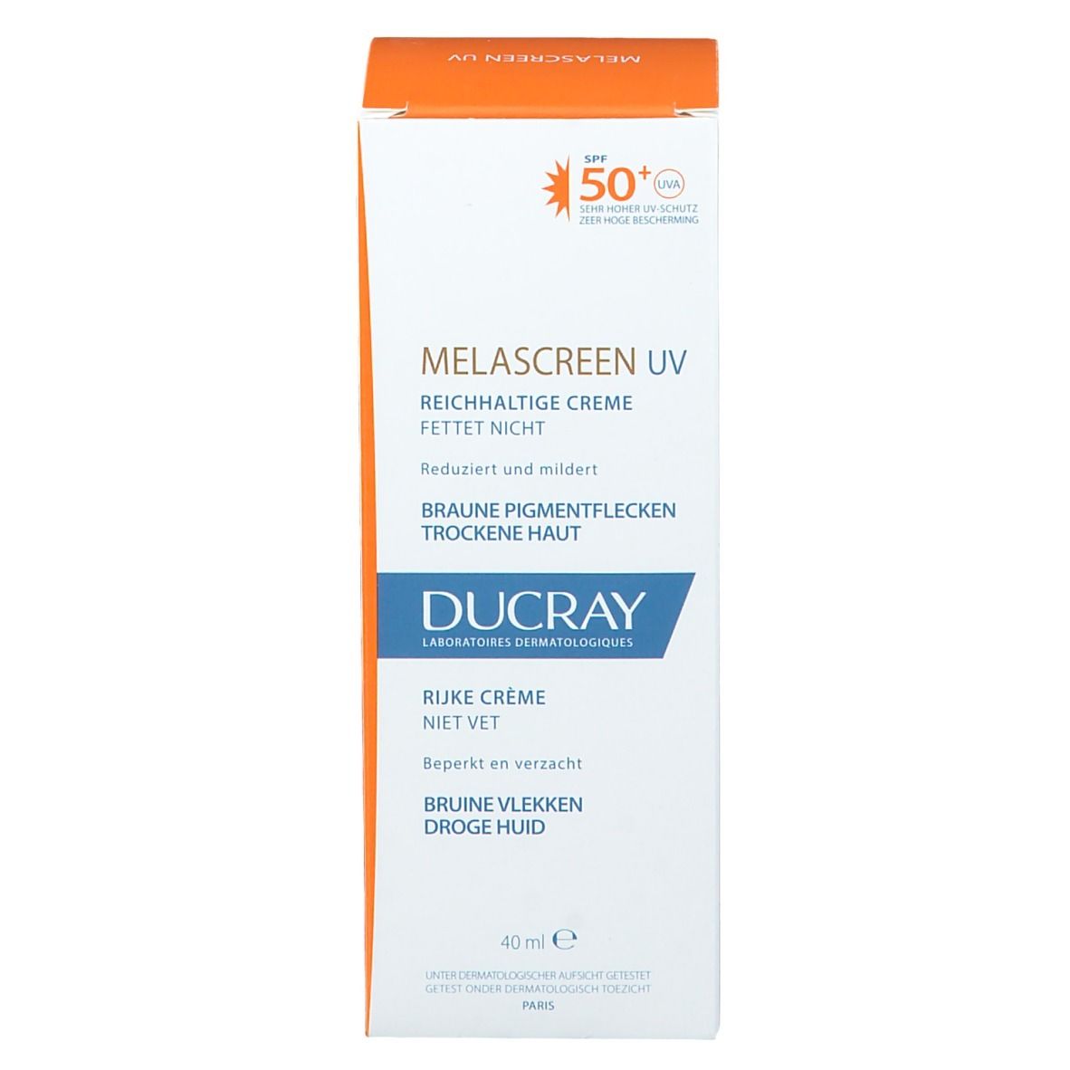 Tube blanc Ducray Melascreen UV Rich Cream SPF 50+. Nom du produit et texte. Fermeture transparente.