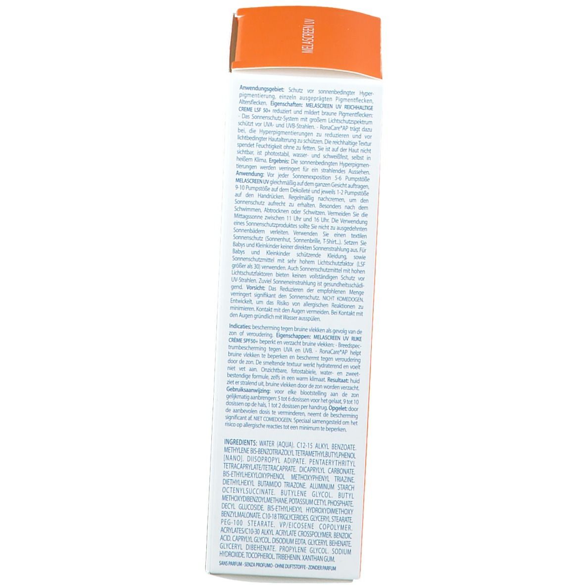 Dos du tube blanc. Texte multilingue. 40 ml. Symboles de recyclage. Informations fabricant.