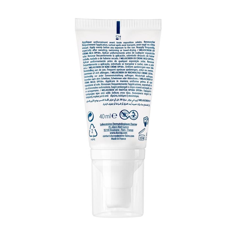 Dos du tube blanc. Texte multilingue. 40 ml. Symboles de recyclage. Informations fabricant.