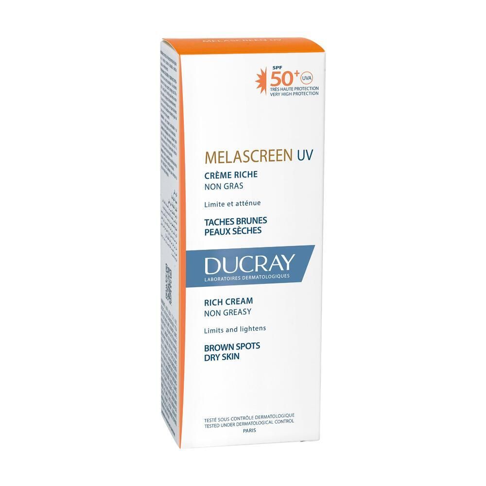 Boîte blanche Ducray Melascreen UV Rich Cream SPF 50+. Impression orange, nom du produit et texte.