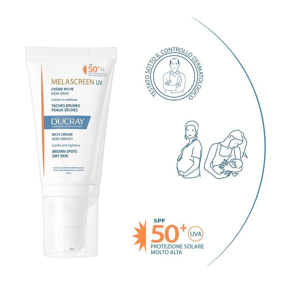 Tube blanc Ducray Melascreen UV Rich Cream SPF 50+. Logo testé dermatologiquement. Femmes enceintes et allaitantes.