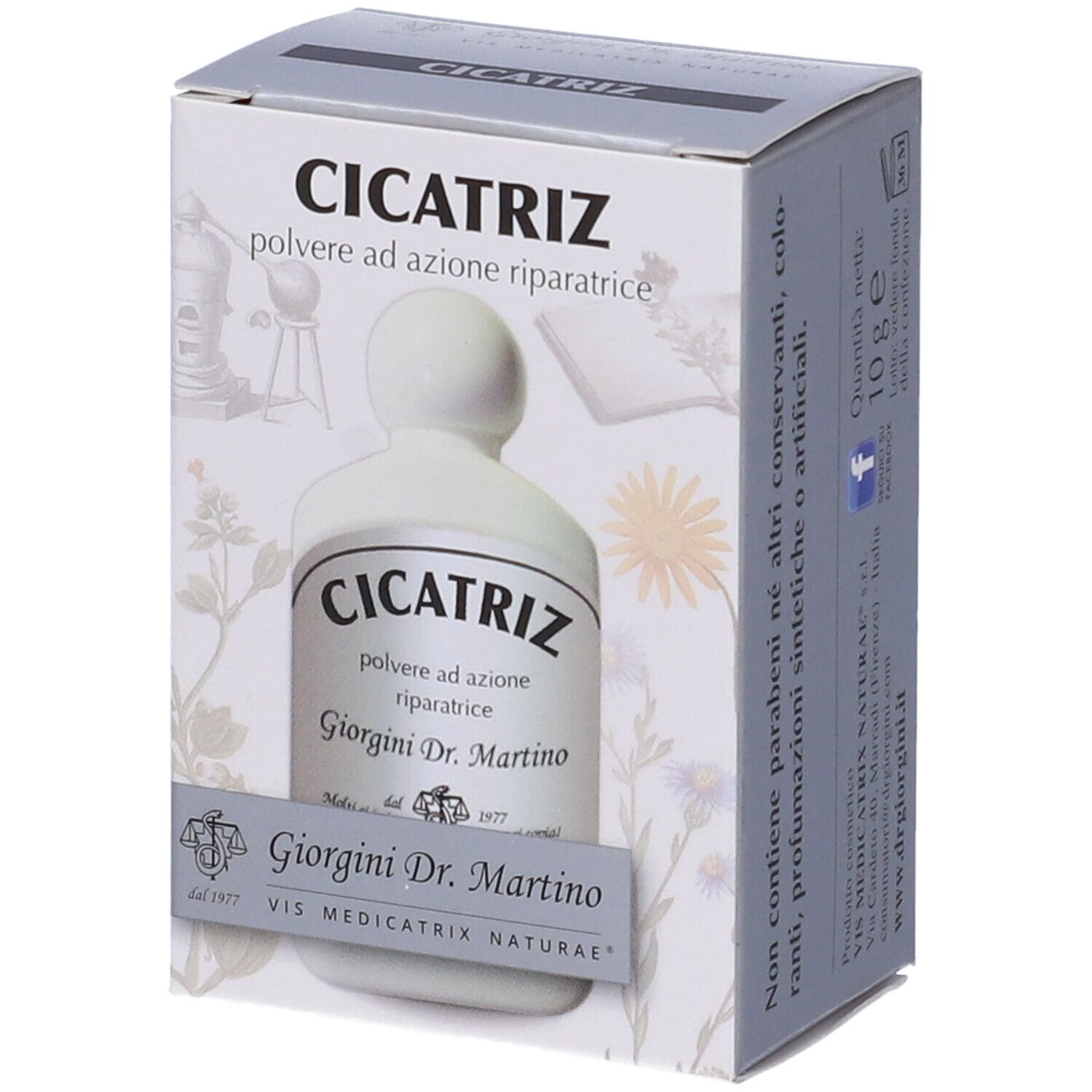 Confezione del prodotto con scritta: Cicatriz, polvere ad azione riparatrice. Marca: Giorgini Dr. Martino.