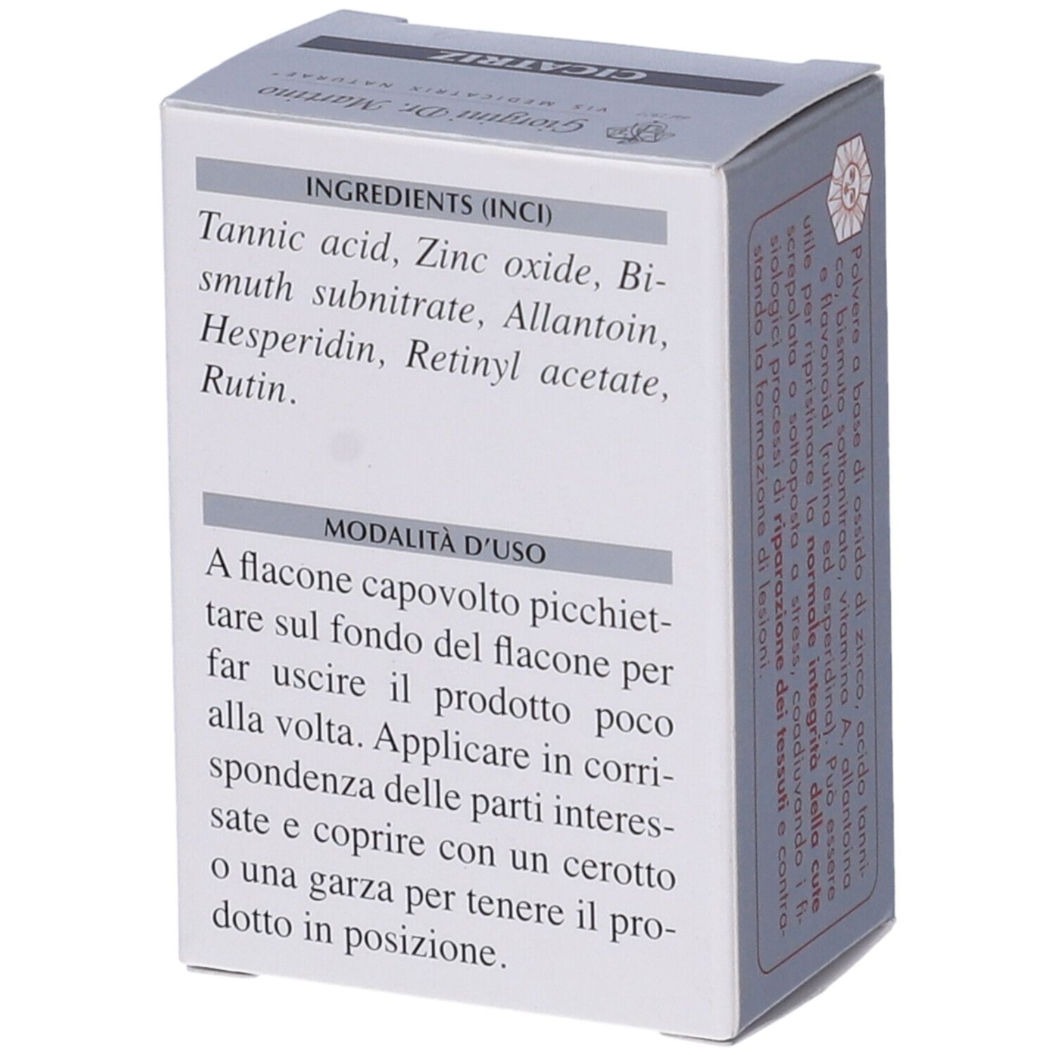 Confezione del prodotto. Scritta: Cicatriz, polvere ad azione riparatrice. Ingredienti e modalità d'uso.