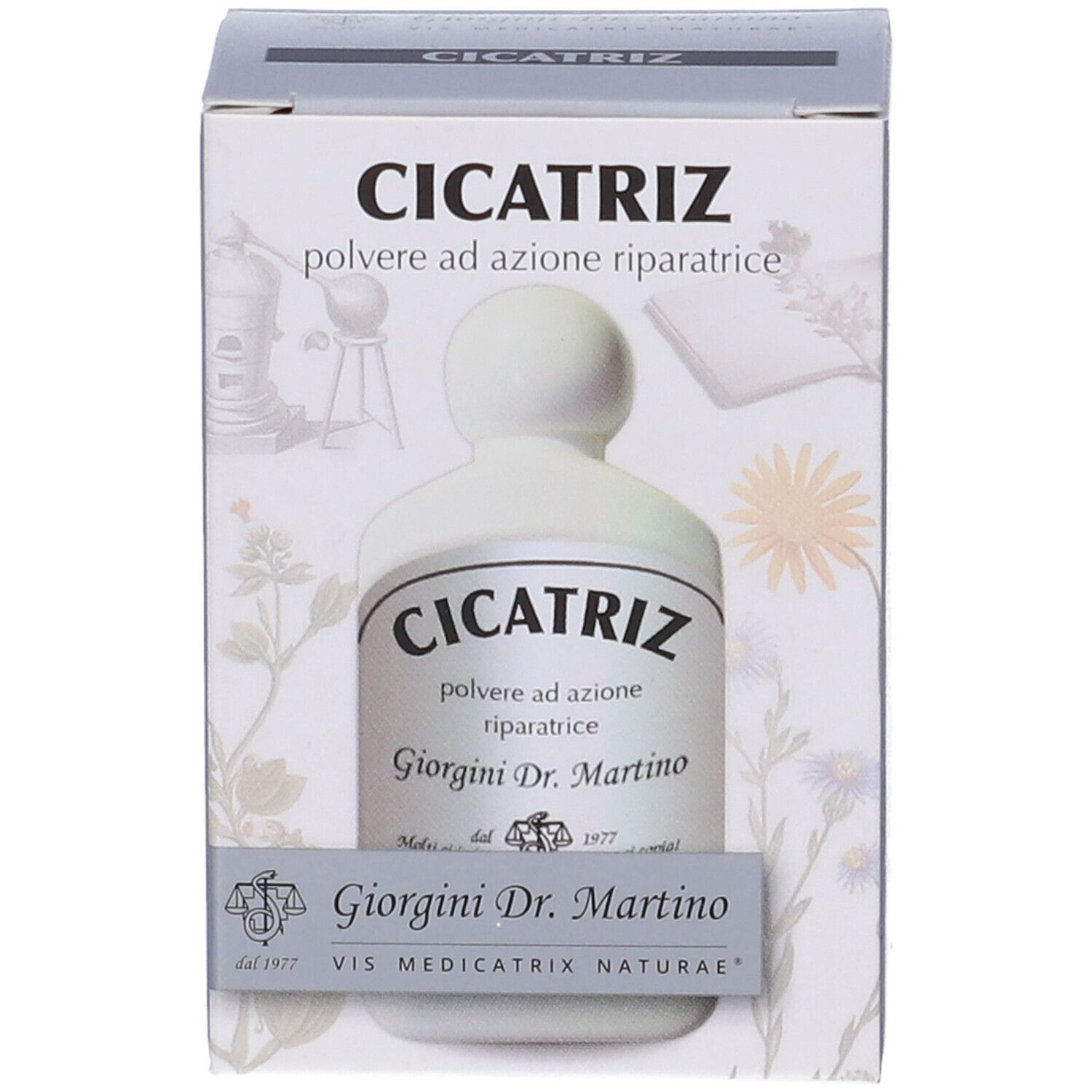 Confezione del prodotto con scritta: Cicatriz, polvere ad azione riparatrice. Marca: Giorgini Dr. Martino.