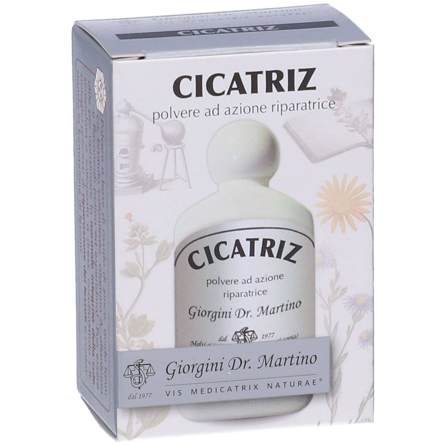 Confezione del prodotto con scritta: Cicatriz, polvere ad azione riparatrice. Marca: Giorgini Dr. Martino.