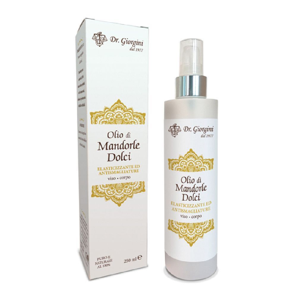 Flacone e confezione Olio di Mandorle Dolci. Con erogatore spray. Testo e logo.