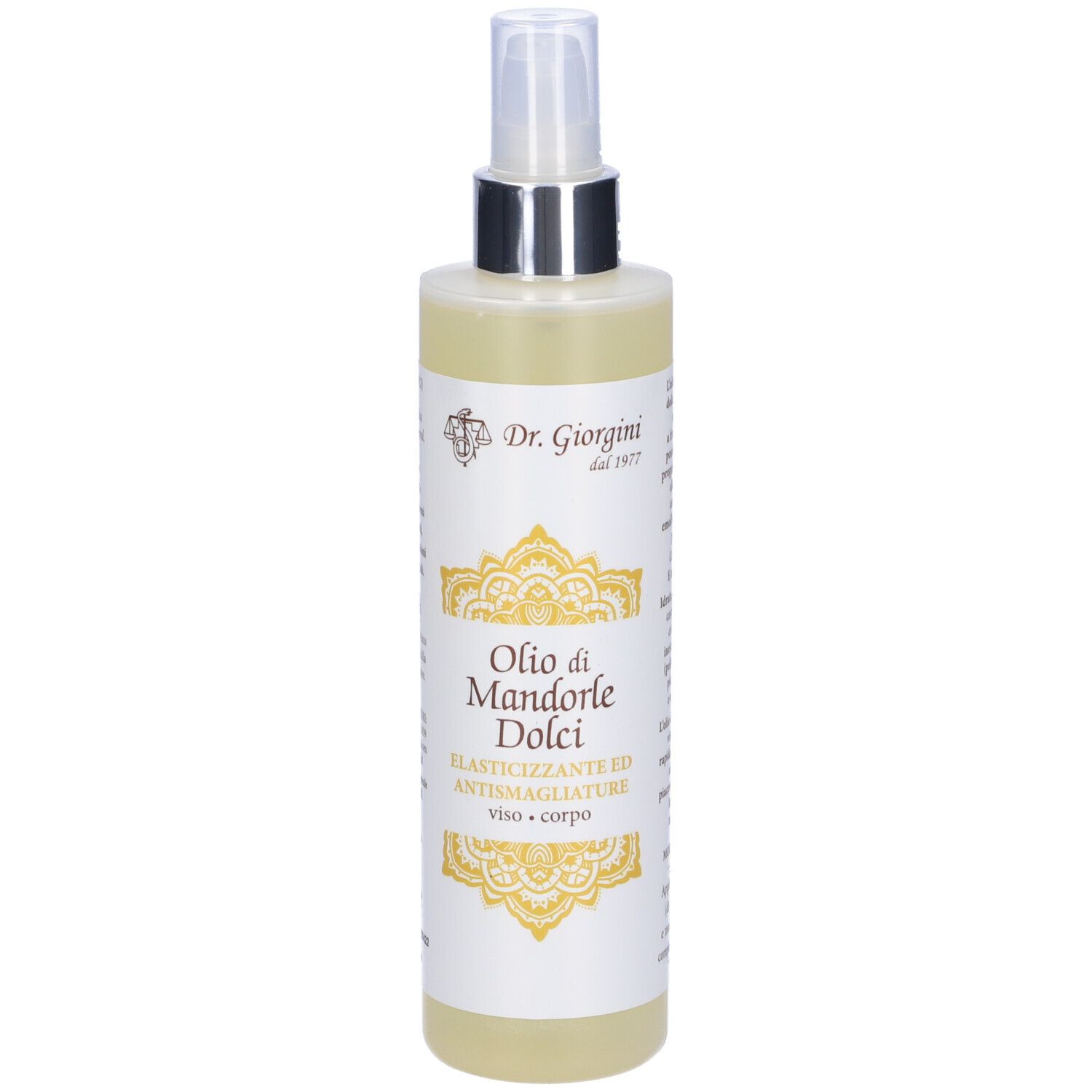 Flacone Olio di Mandorle Dolci. Con erogatore spray. Testo e logo.