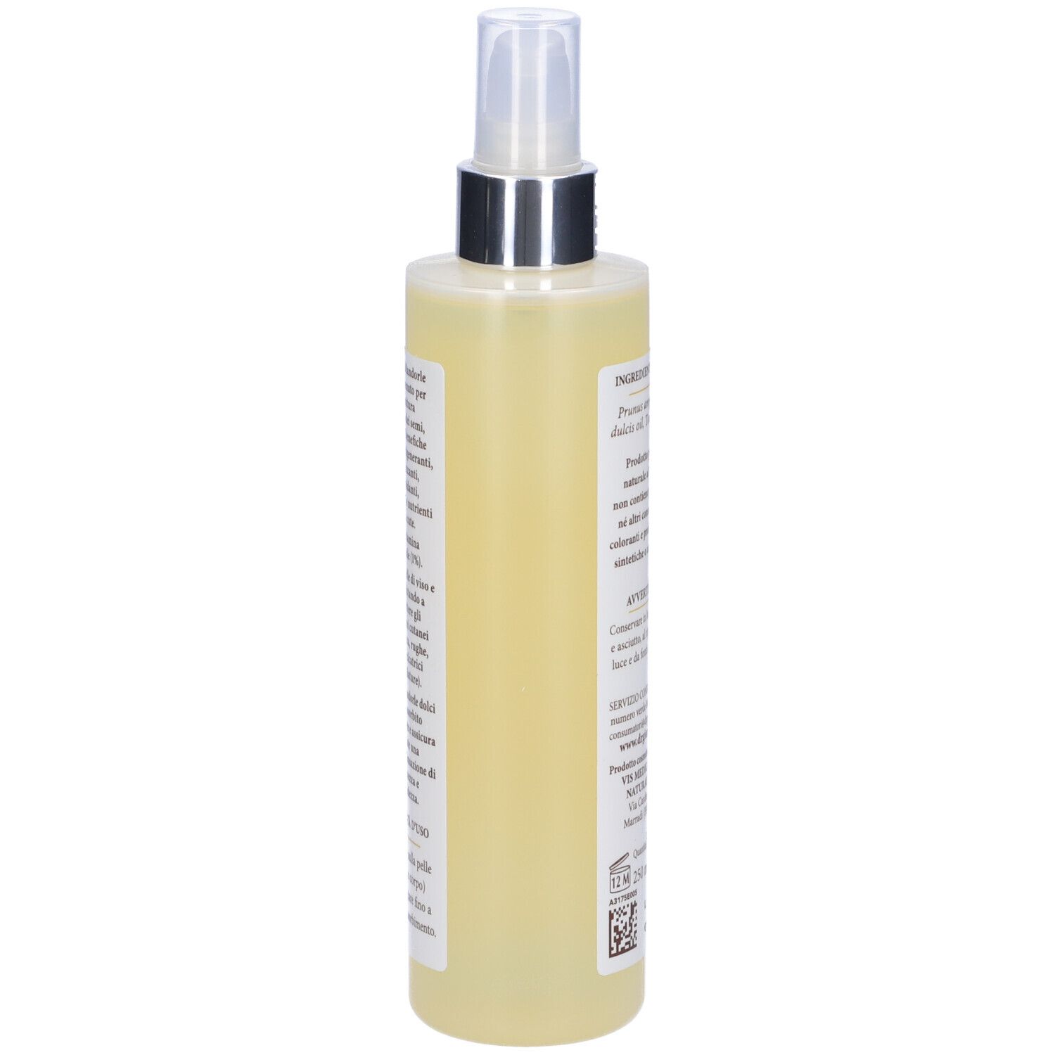 Flacone Olio di Mandorle Dolci. Retro con testo. Con erogatore spray.